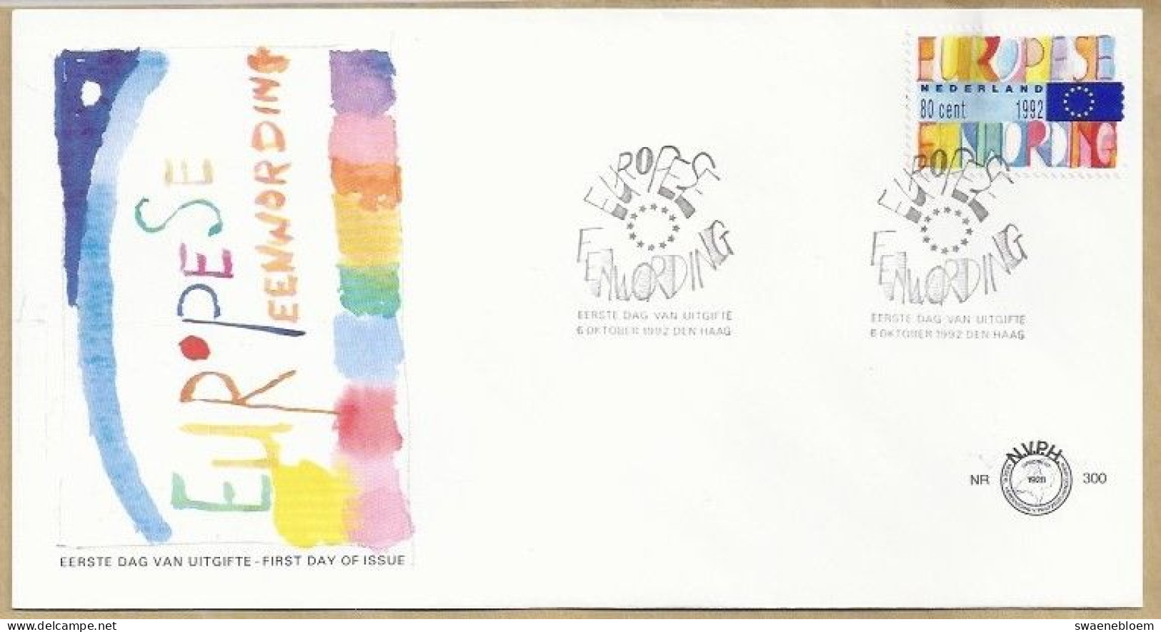 NL.- FDC. NVPH Nr. 300. EERSTE DAG VAN UITGIFTE. FIRST DAY OF ISSUE. 6 OKTOBER 1992. EUROPESE EENWORDING. - 1992