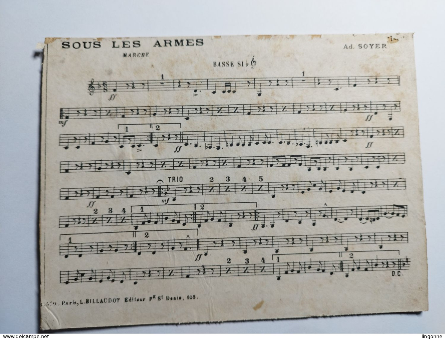 PARTITION Cartons Réglés Pour La Musique Militaire SOUS LES ARMES BASSE SI B Ad SOYER (PECTORAL LORIOT) - Partituren