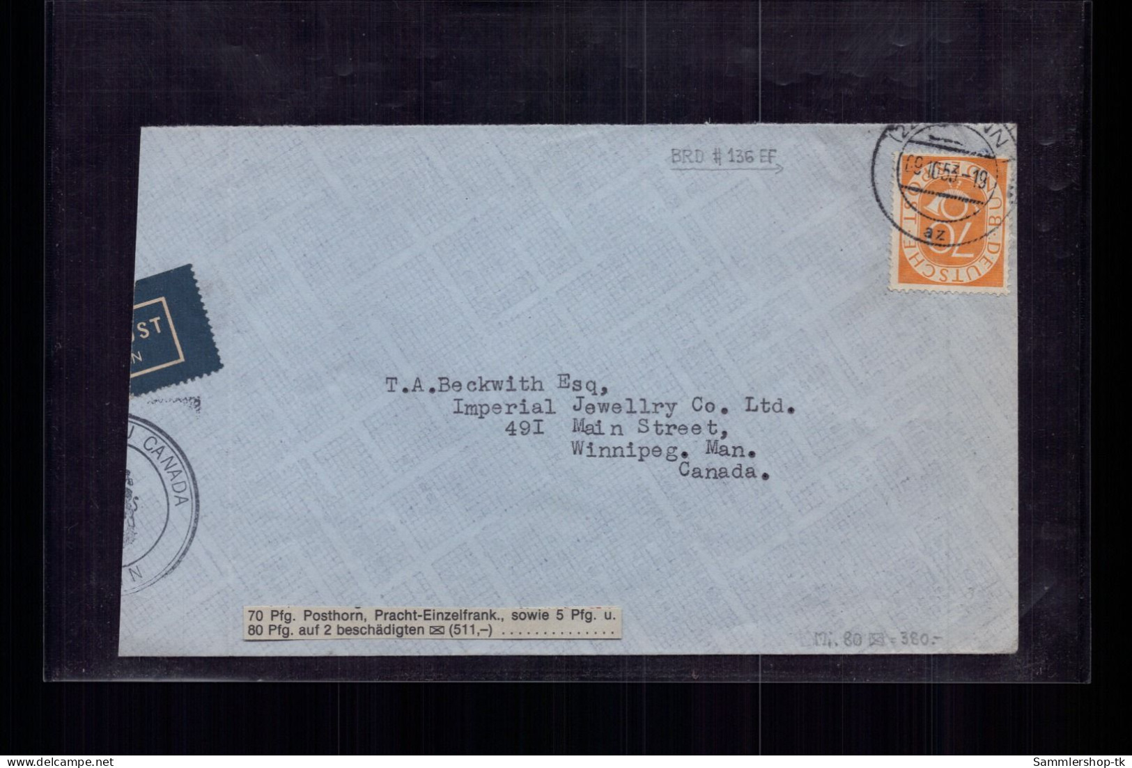 Bund Luftpost Brief - MiNr 136 Posthorn EF - Kanadische Botschaft N. Canada 1953 - Sonstige & Ohne Zuordnung