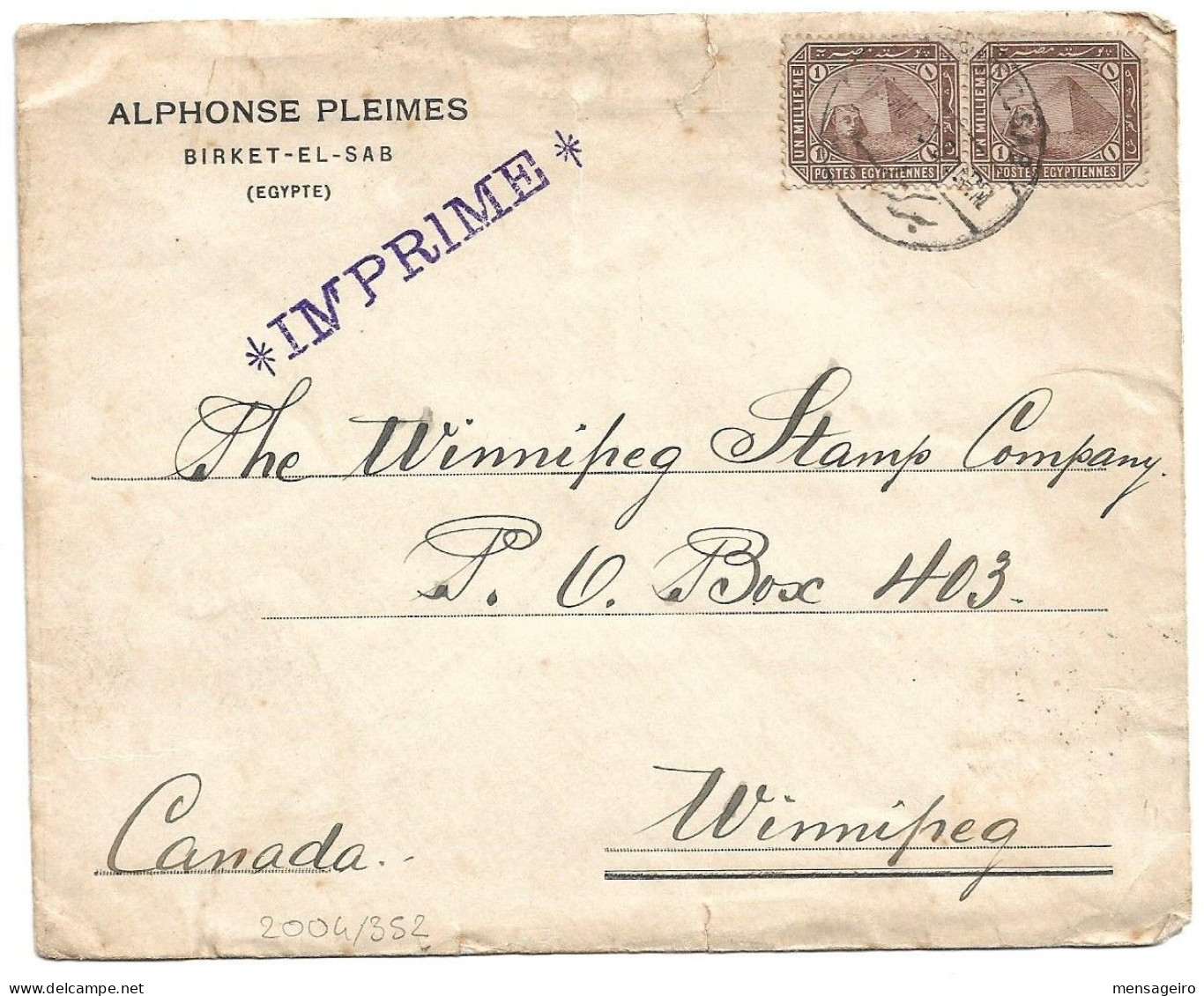 (C04) COVER WITH 1M. X2 STAMPS - BIRKET EL SAB => CANADA 1909 ? - PRINTED MATTER POSTAL RATE - 1866-1914 Khedivate Of Egypt