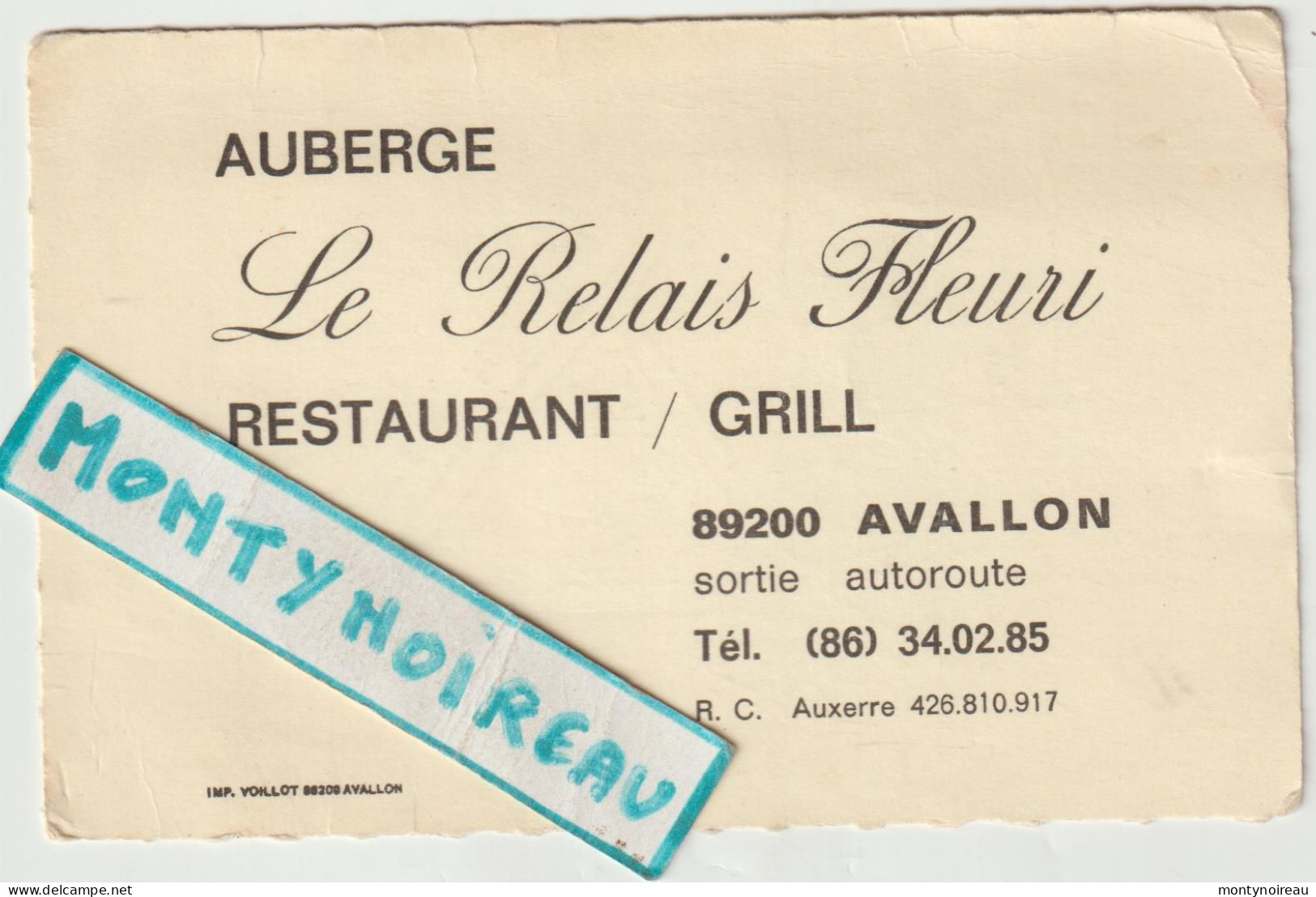 VP : Carte De  Visite : Auberge " Le  Relais Fleuri " , Avallon , Restaurant , Rc Auxerre - Visiting Cards