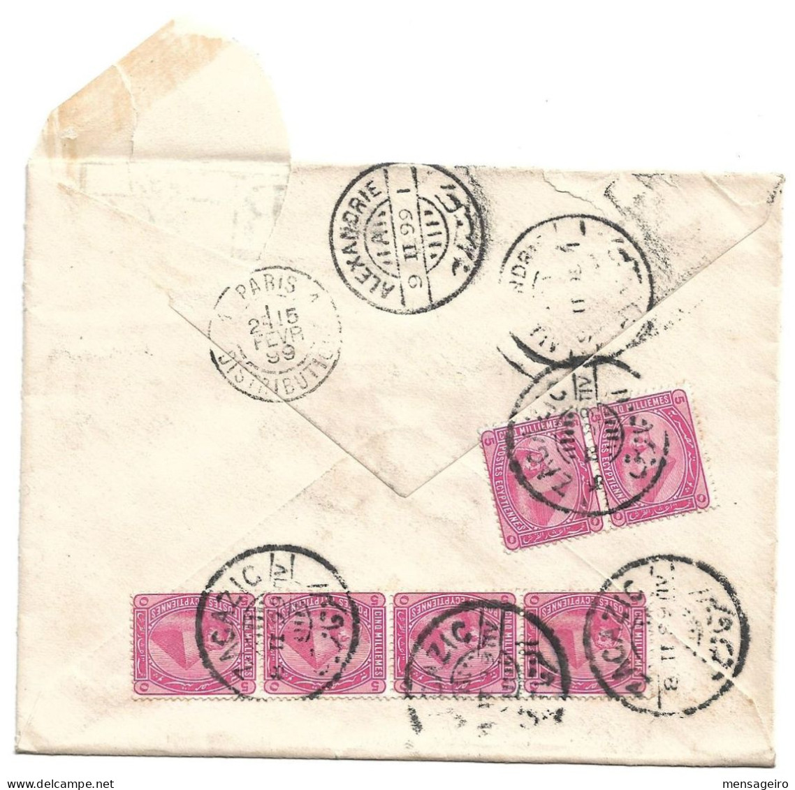 (C04) REGISTRED COVER WITH 5M. X6 STAMPS - ZAGAZIG => FRANCE 1899 - 1866-1914 Khedivaat Egypte