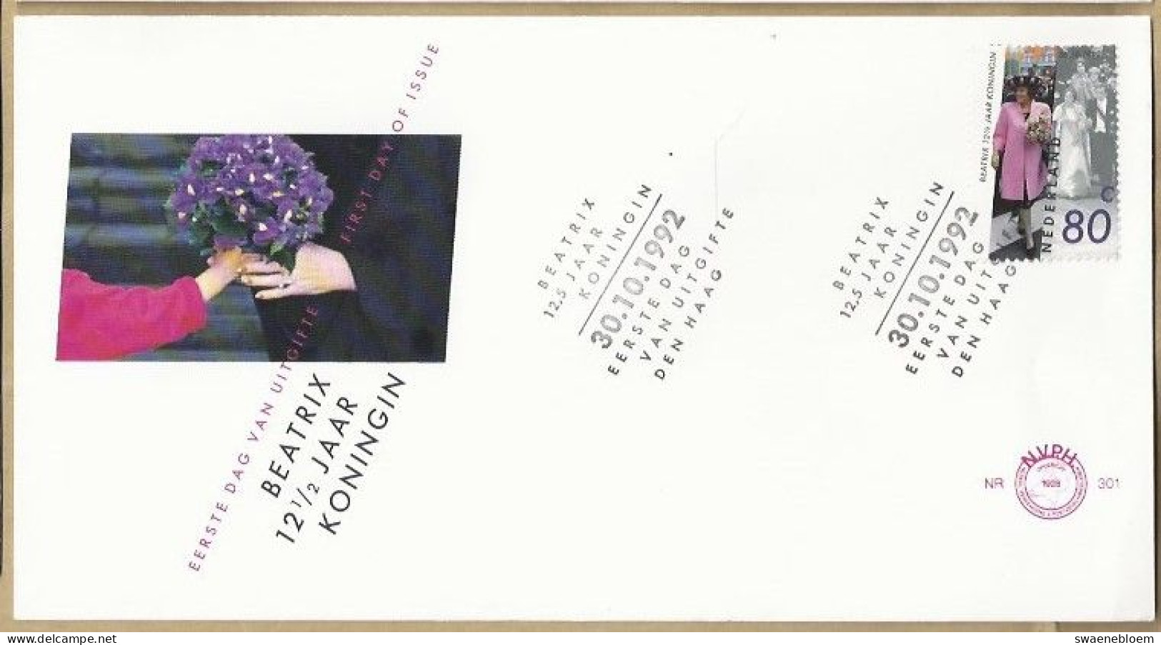 NL.- FDC. NVPH Nr. 301. EERSTE DAG VAN UITGIFTE. FIRST DAY OF ISSUE. 30 OKTOBER 1992. BEATRIX 12½ JAAR KONIGIN. - Altri & Non Classificati