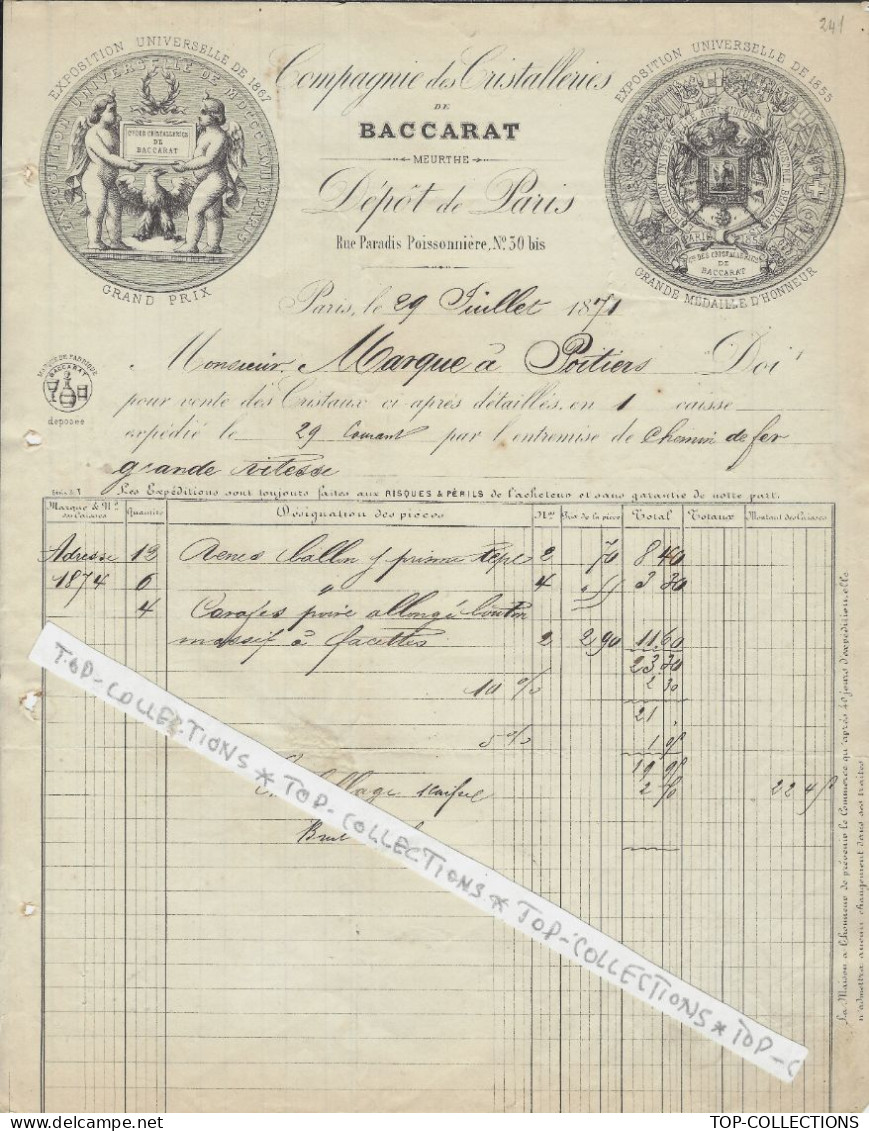 RARE ENTETE 1871 Cristalleries De BACCARAT  (Meurthe) Pour Marque Poitiers V.HISTORIQUE - 1800 – 1899