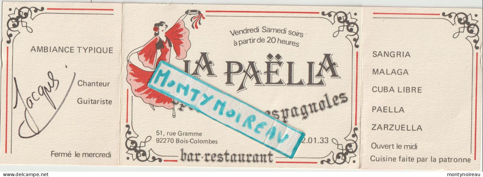 VP : Carte De Visite  Restaurant "la  Paella "  BOIS  COLOMBES , Espagnols  Spécialités - Visitekaartjes