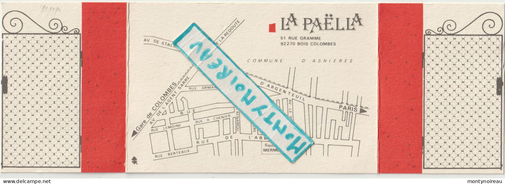 VP : Carte De Visite  Restaurant "la  Paella "  BOIS  COLOMBES , Espagnols  Spécialités - Tarjetas De Visita