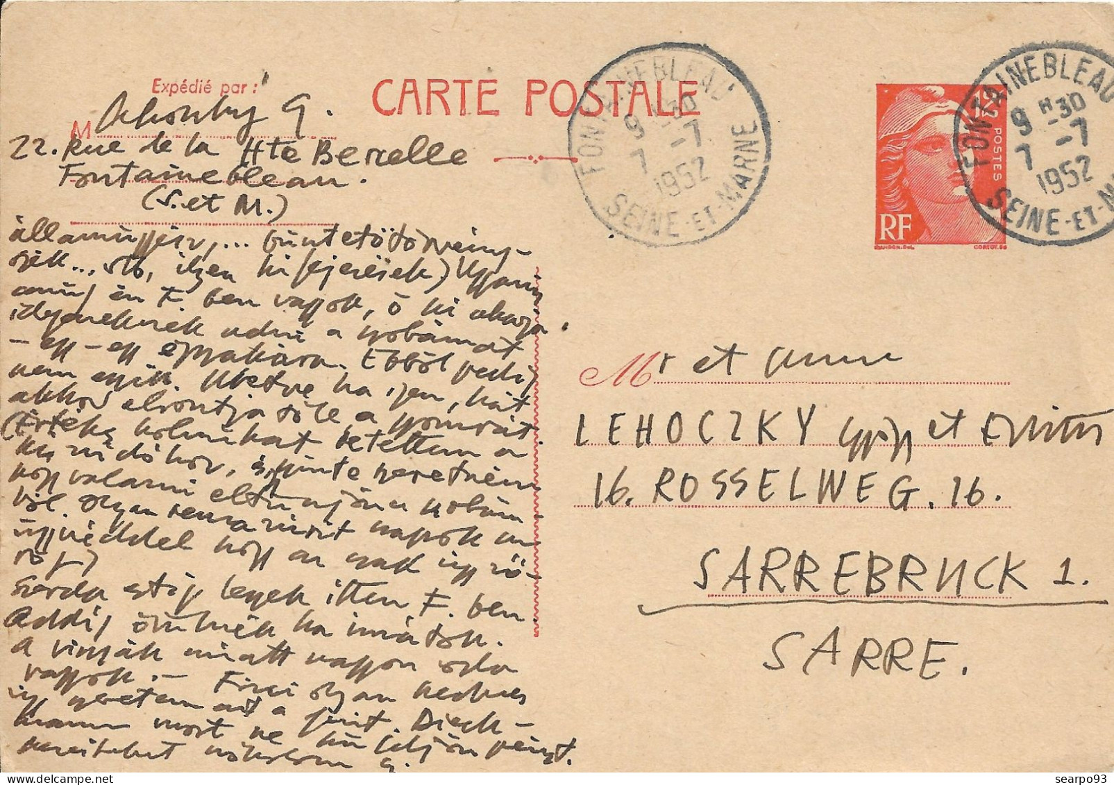 FRANCE. POSTAL STATIONERY FROM FONTAINEBLEAU TO SARRE. 1952 - Autres & Non Classés