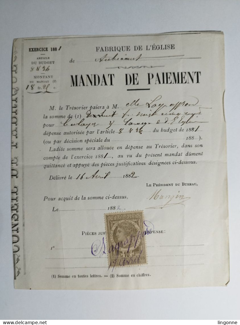 1882 FABRIQUE DE L'EGLISE De AUBECOURT (Moselle 57) MANDAT DE PAIEMENT - 1800 – 1899