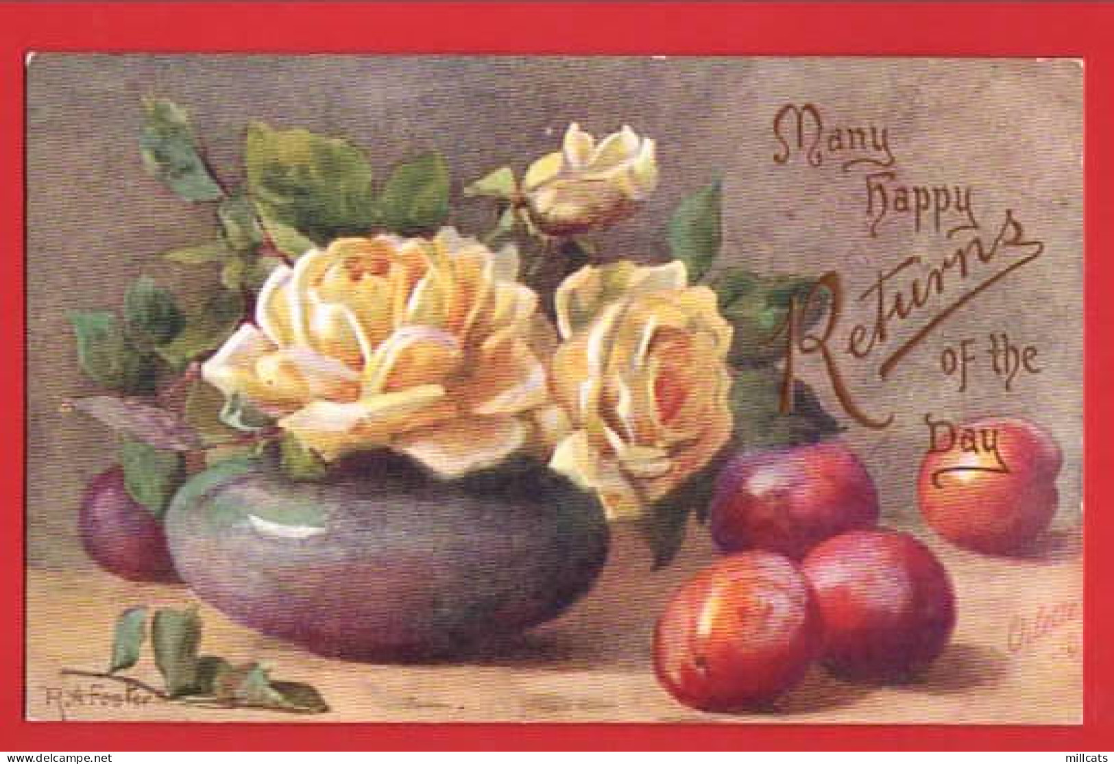 YELLOW ROSES  + PLUMS IN BOWL    RAPHAEL TUCK ROSES AND PLUMS  SERIES  ART BY R A FOSTER - Tuck, Raphael