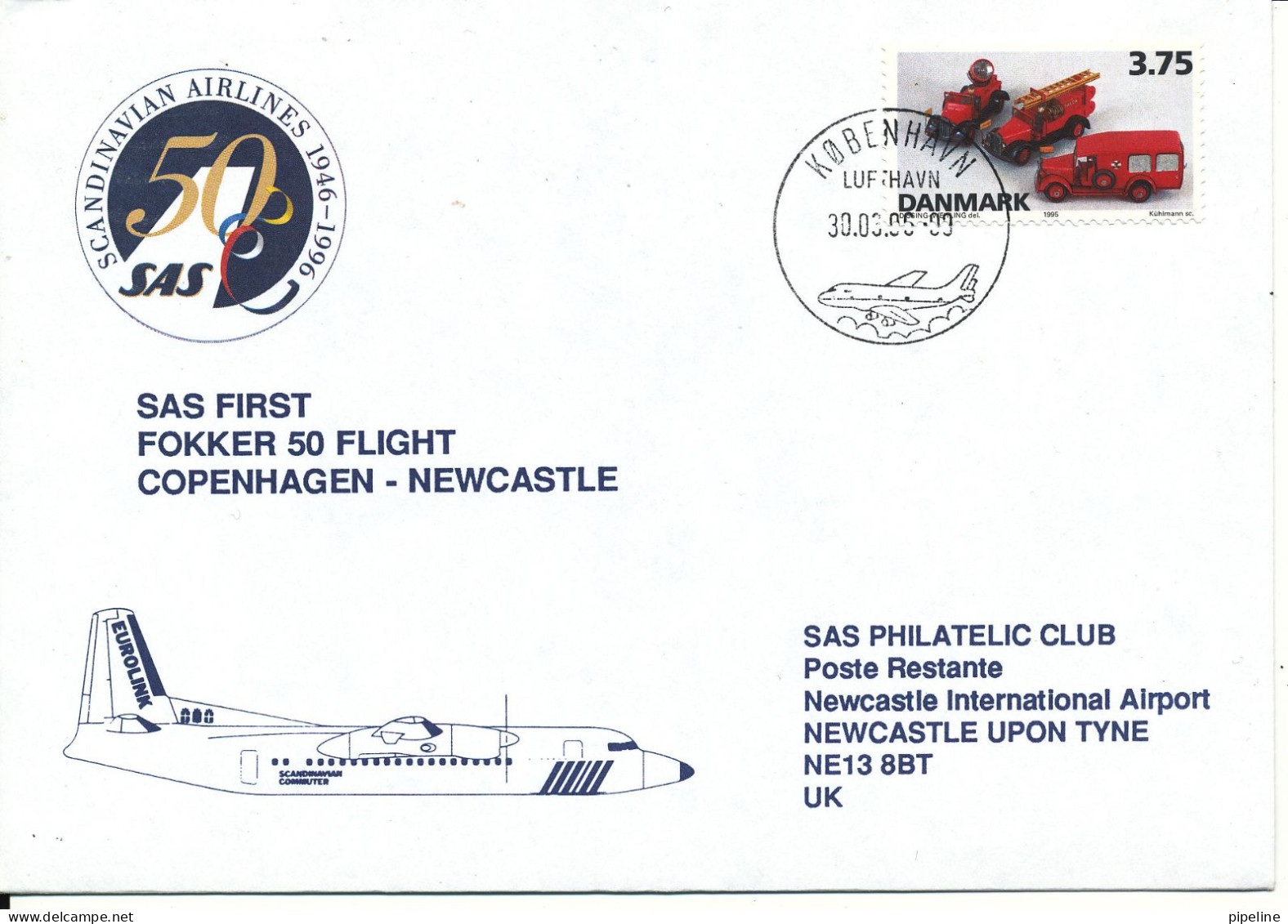 Denmark Cover First SAS Fokker 50 Flight Copenhagen - Newcastle 30-3-1996 - Lettres & Documents