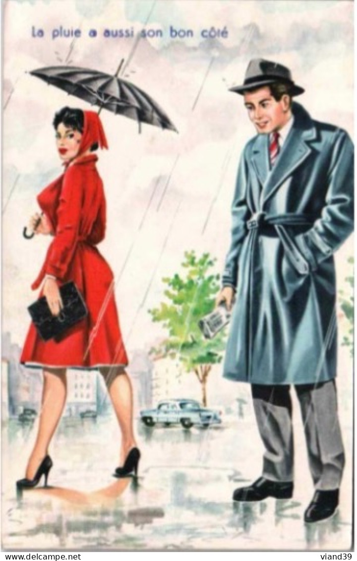 Couple Sous La Pluie.  Cachet Poste 1961 - Zeitgenössisch (ab 1950)