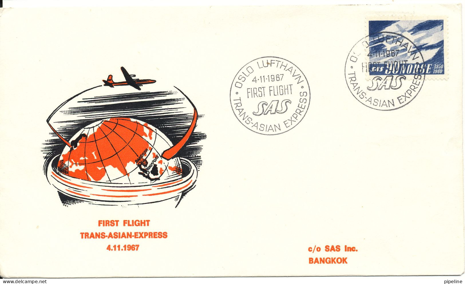 Norway First SAS Flight Trans Asian Express Scandinavia - Bangkok 4-11-1967 - Briefe U. Dokumente