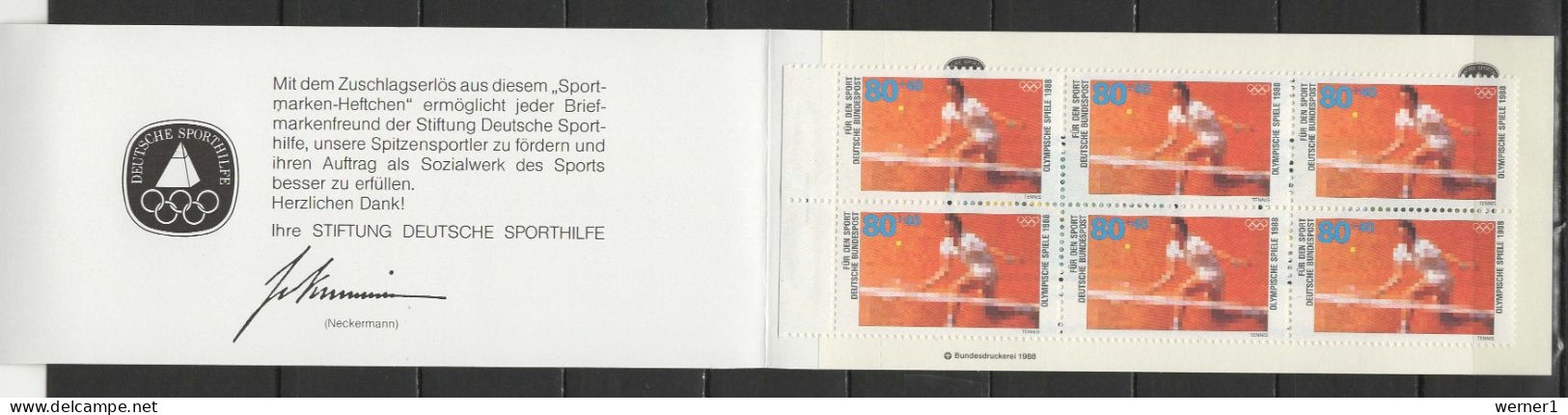 Germany 1988 Olympic Games Seoul, Tennis Stamp Booklet With Vignette MNH - Zomer 1988: Seoel