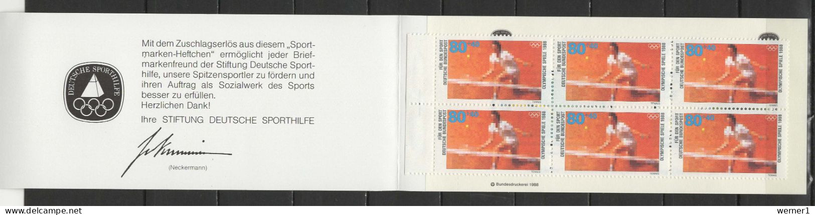 Germany 1988 Olympic Games Seoul, Tennis Stamp Booklet With Vignette MNH - Summer 1988: Seoul