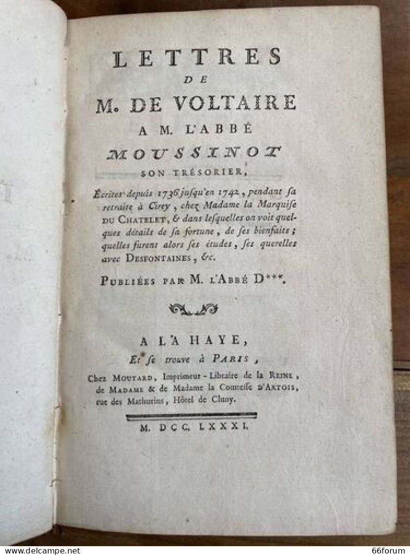 Lettres De M. De Voltaire à M. L'abbé Moussinot Son Trésorier - 1701-1800