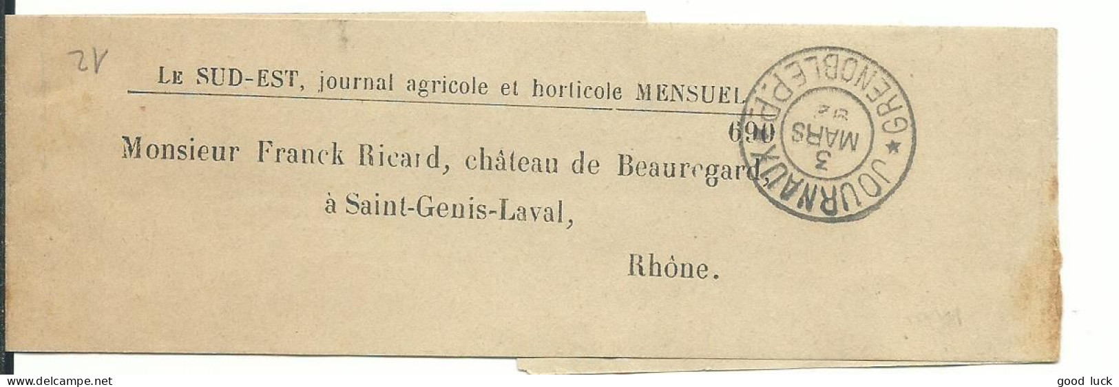 FRANCE BANDE JOURNAL " LE SUD EST "  OBL. JOURNAUX GRENOBLE (ISERE ) POUR ST GENIS LAVAL ( RHONE ) DE 1892  LETTRE COVER - Bandes Pour Journaux