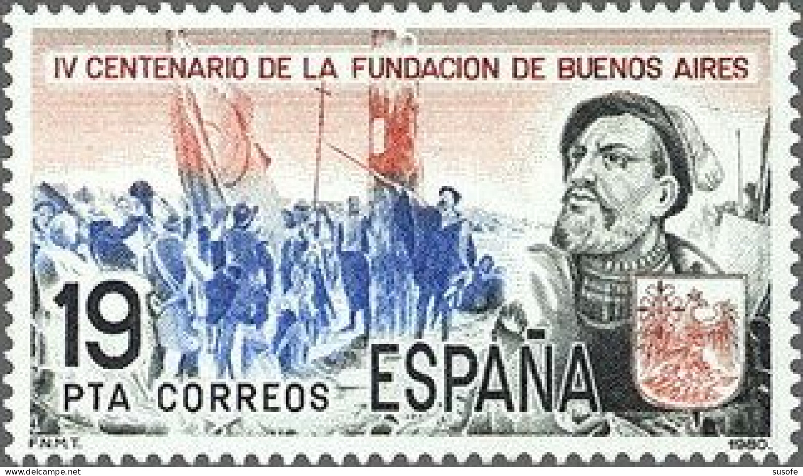 España 1980 Edifil 2584 Sello ** IV Centenario De La Fundación Buenos Aires Juan De Garay (1528-1583) Y Detalle Dibujo - Unused Stamps