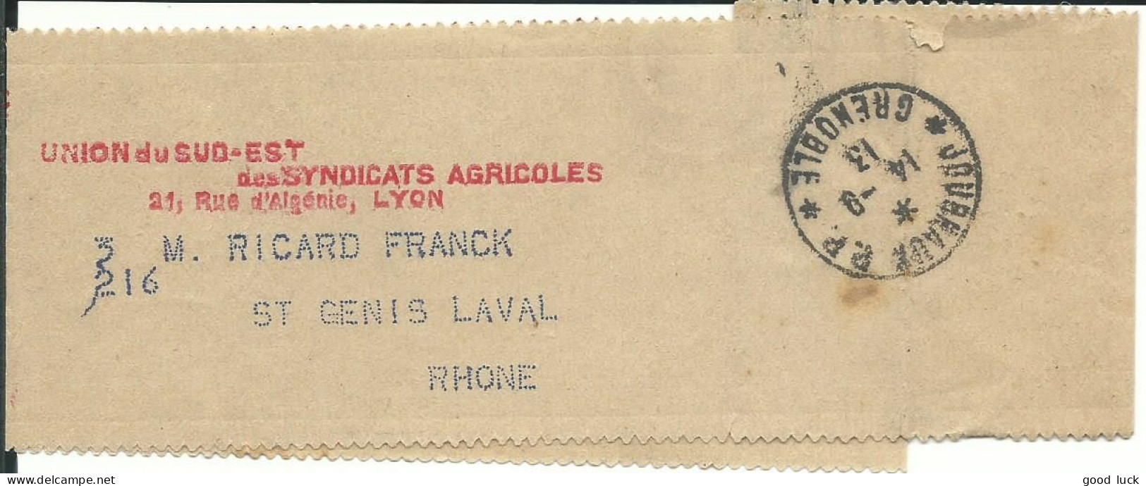 FRANCE BANDE JOURNAL " AGRICOLE "  OBL. JOURNAUX GRENOBLE (ISERE ) POUR ST GENIS LAVAL ( RHONE ) DE 1913  LETTRE COVER - Bandes Pour Journaux