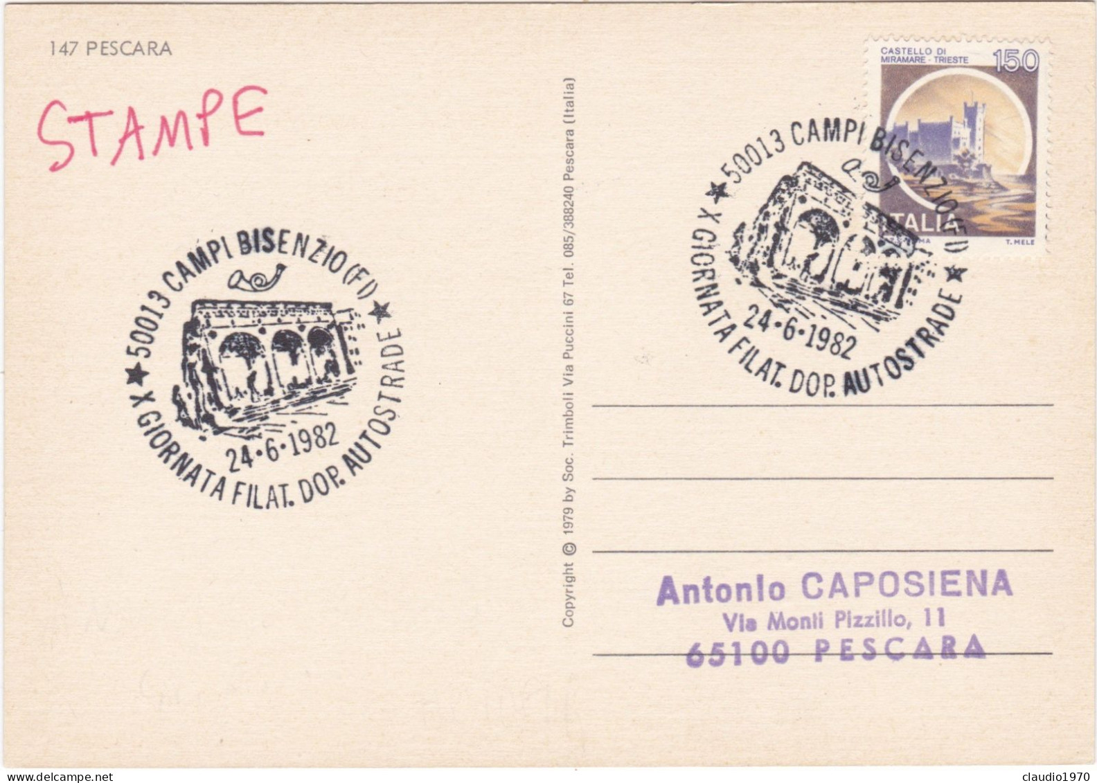 PESCARA - CARTOLINA - SALUTO DA PESCARA - - ANNULLO DI CAMPI BISENZIO (FI) -1982 - Pescara