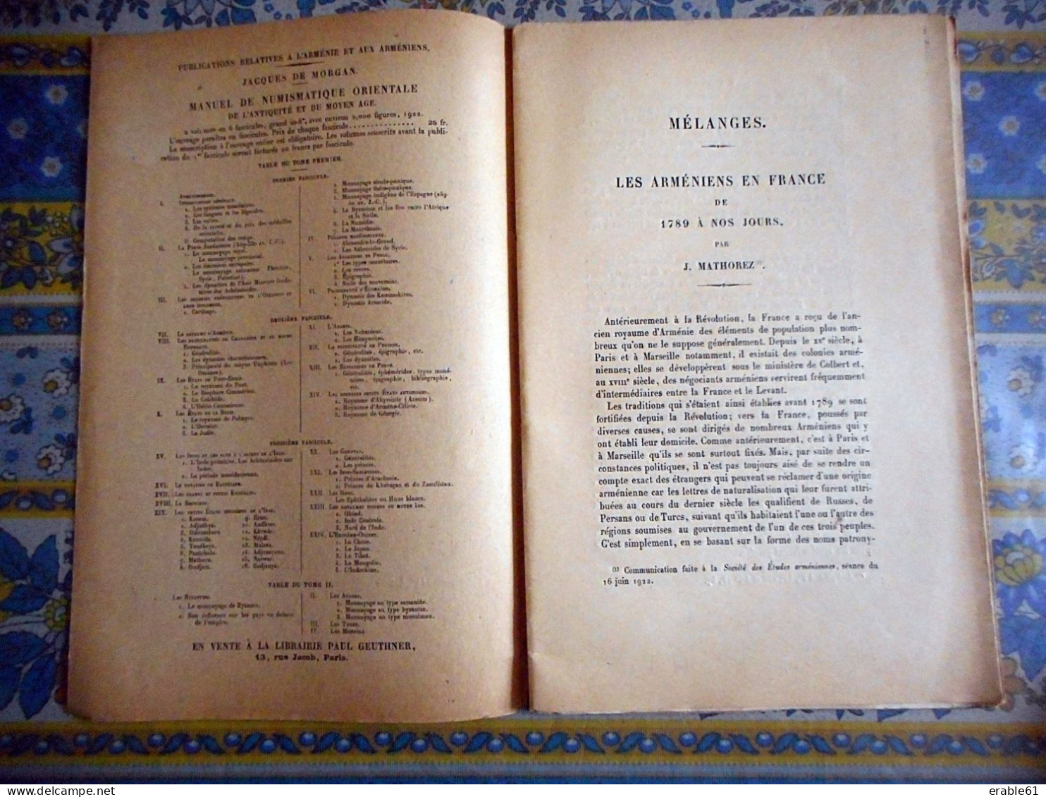 REVUE DES ETUDES ARMENIENNES ( ARMENIE ) Tome 2 Par J MATOREZ Daté 1922 - 1900 - 1949