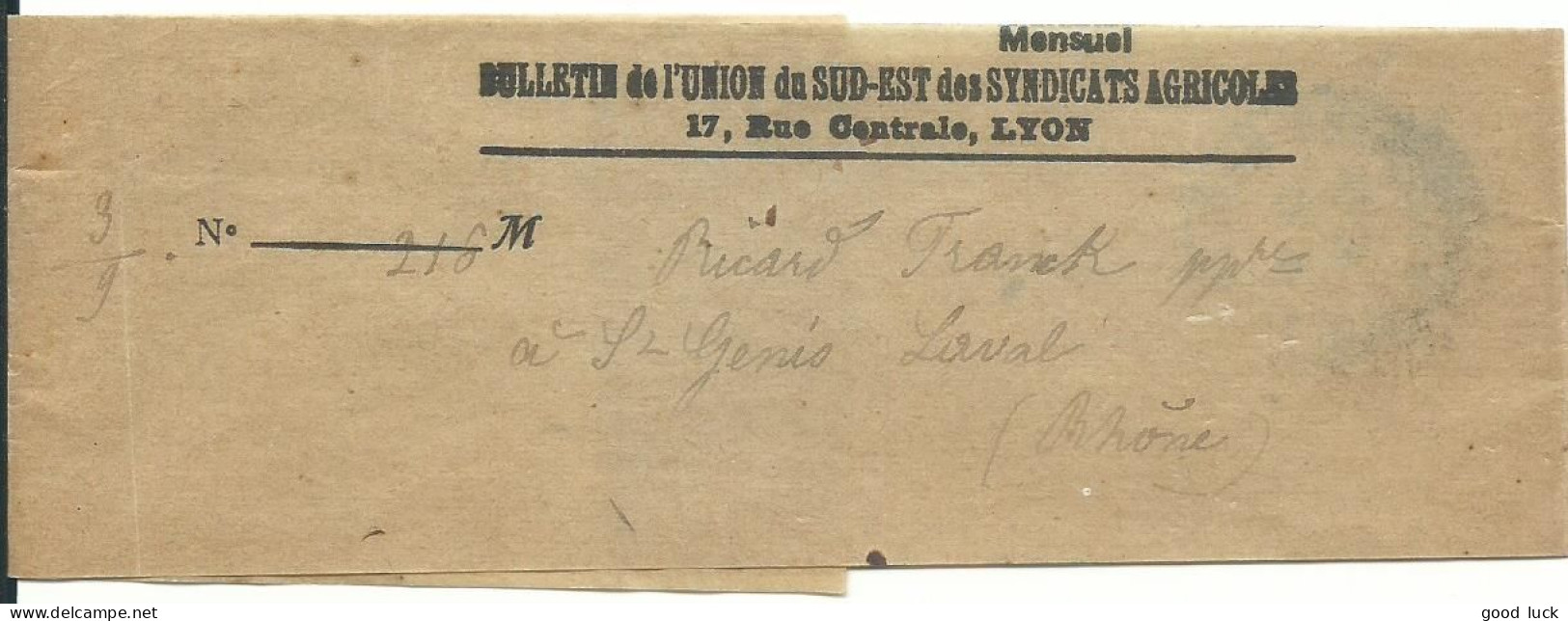 FRANCE BANDE JOURNAL " AGRICOLE "  OBL. JOURNAUX GRENOBLE (ISERE ) POUR ST GENIS LAVAL ( RHONE ) DE 1914  LETTRE COVER - Bandes Pour Journaux