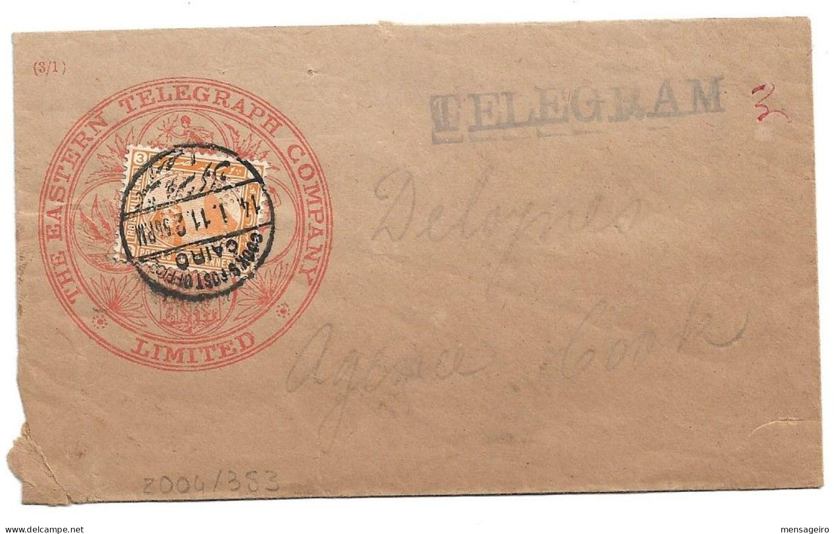 (C04) EASTERN TELEGRAM COVER WITH 3M. STAMP PERFIN "T C/ & S" (INVERTED) - COOKS POST OFFICE / CAIRO => COOK AGENCY - 1866-1914 Khedivato Di Egitto