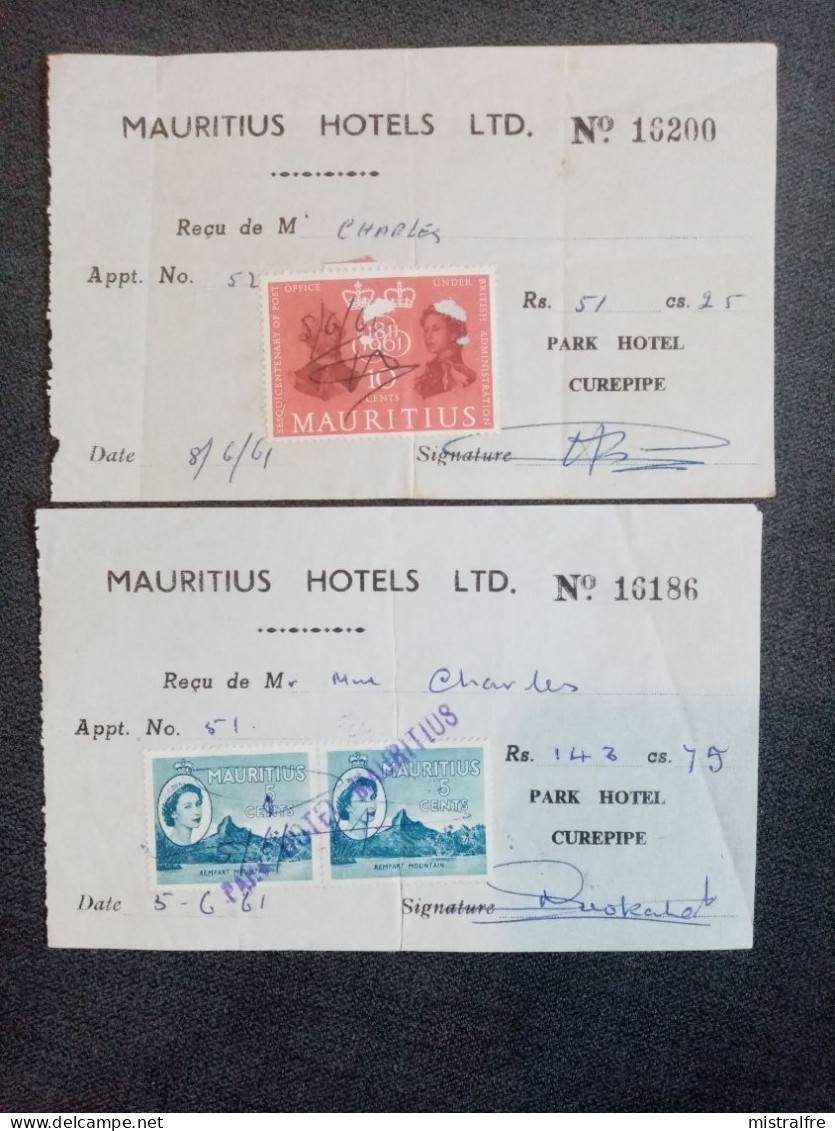 MAURICE. 1961. 2 Reçus  " Park Hotel MAURICIUS " Me CHARLES. - Mauritius (...-1967)