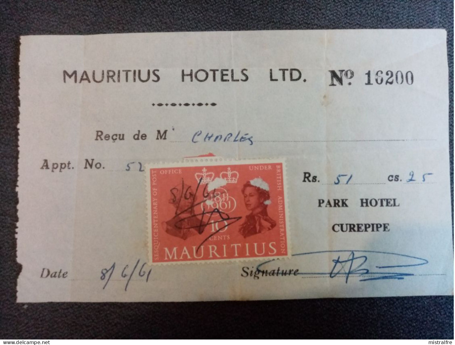 MAURICE. 1961. 2 Reçus  " Park Hotel MAURICIUS " Me CHARLES. - Maurice (...-1967)