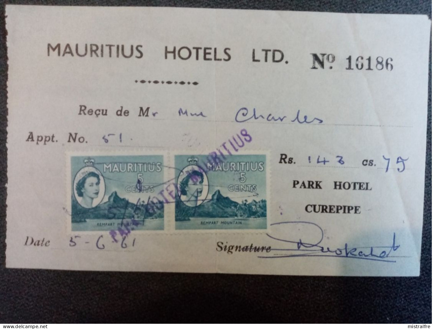 MAURICE. 1961. 2 Reçus  " Park Hotel MAURICIUS " Me CHARLES. - Mauritius (...-1967)