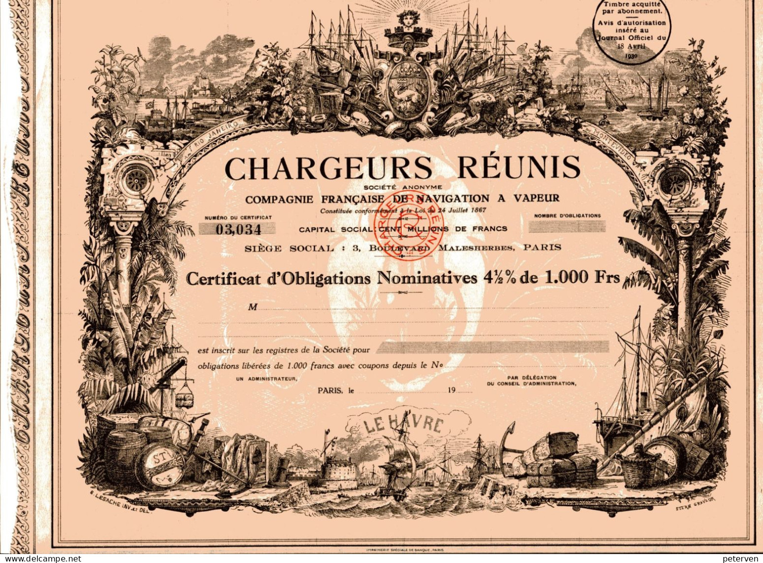 CHARGEURS RÉUNIS; Certificat D'Obligations - Schiffahrt
