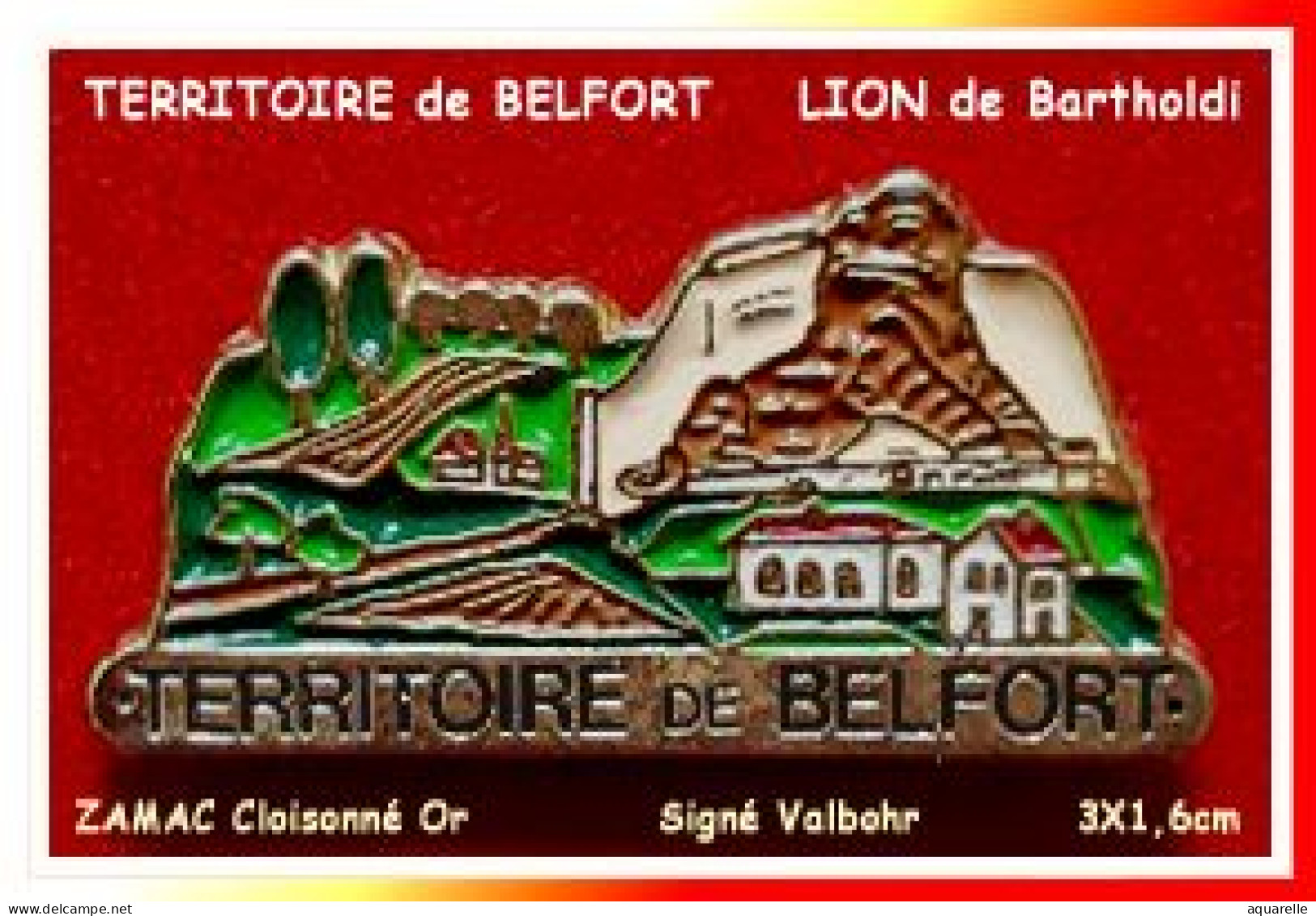 SUPER PIN'S VILLE : TERRITOIRE De BELFORT Avec Son LION De Bartholdi En Zamac Base Or Signé Valbhor - Steden