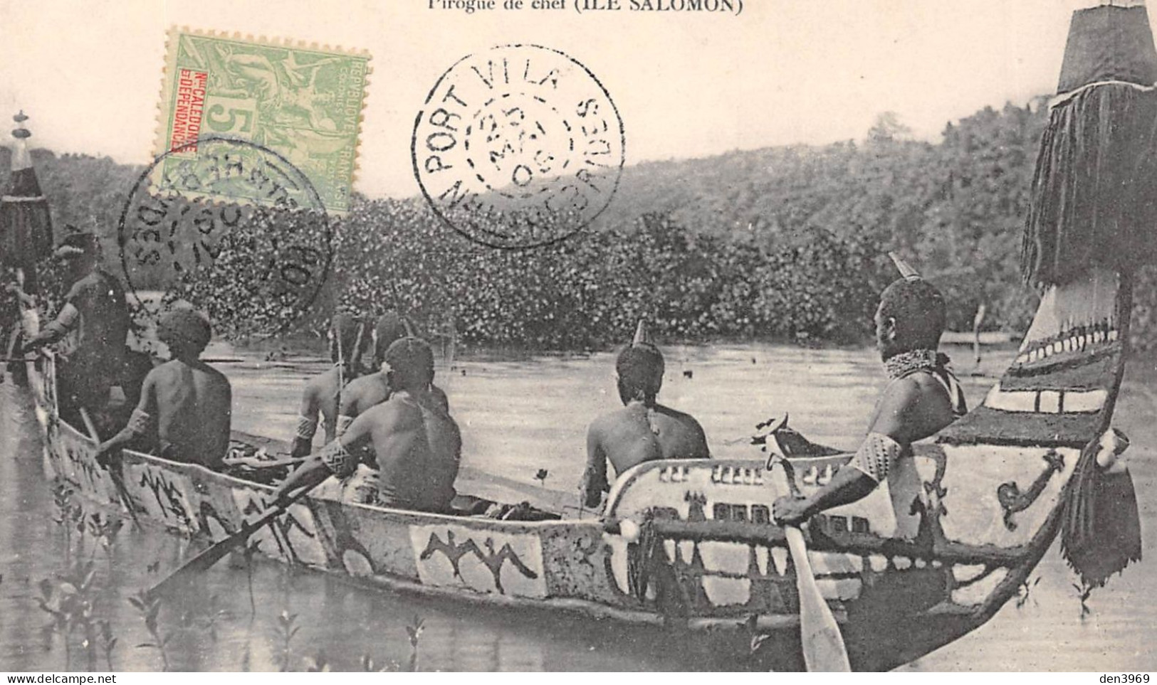 Ile SALOMON - Pirogue De Chef - Cachet Port Vila, Nouvelles-Hébrides - Voyagé 1909 (2 Scans) - Islas Salomon