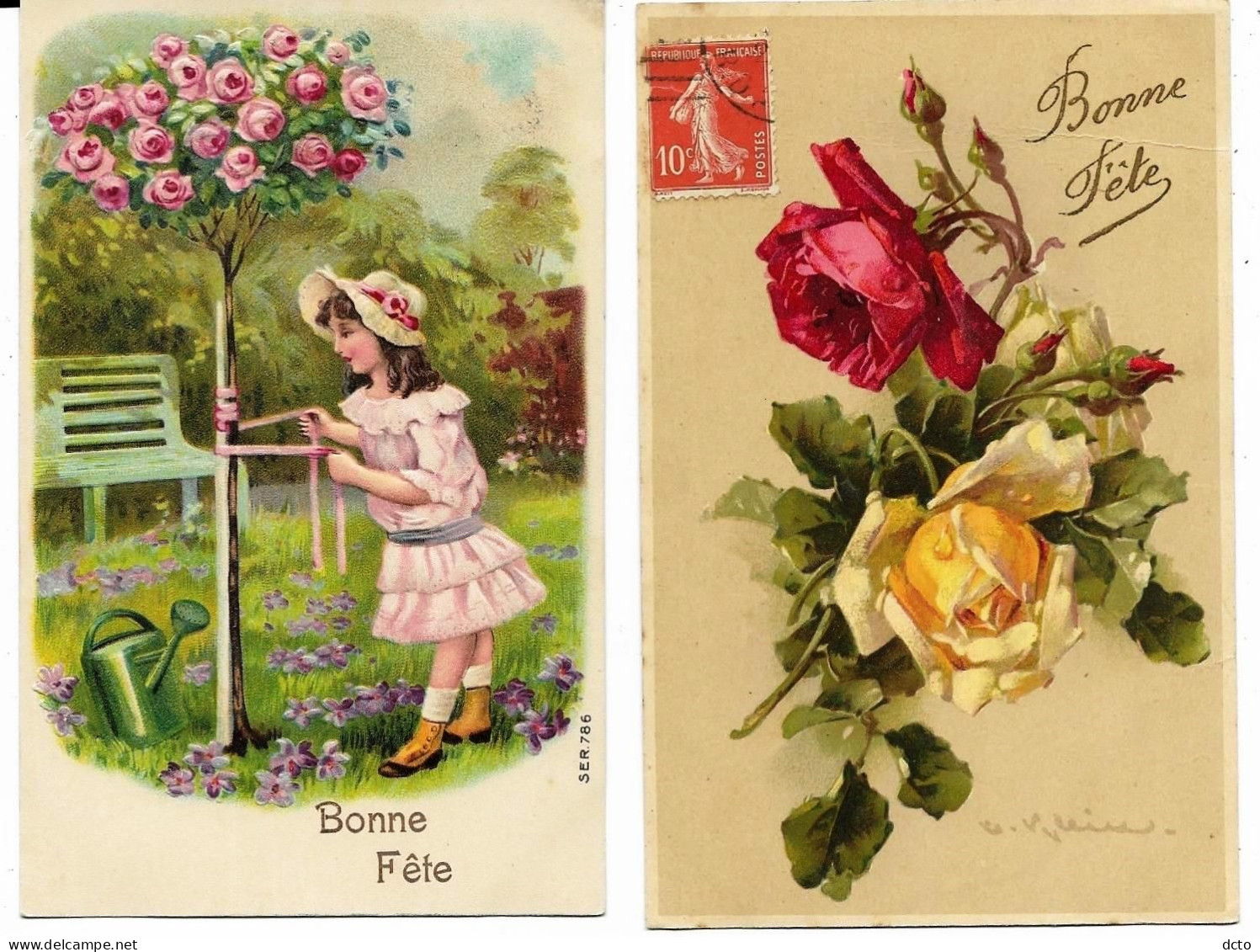 2 CPA   Roses Fantaisie Bonne Fête Signée Klein & Bonne Fête Fillette Attachant Un Rosier Au  Tuteur Gaufrée - Fleurs