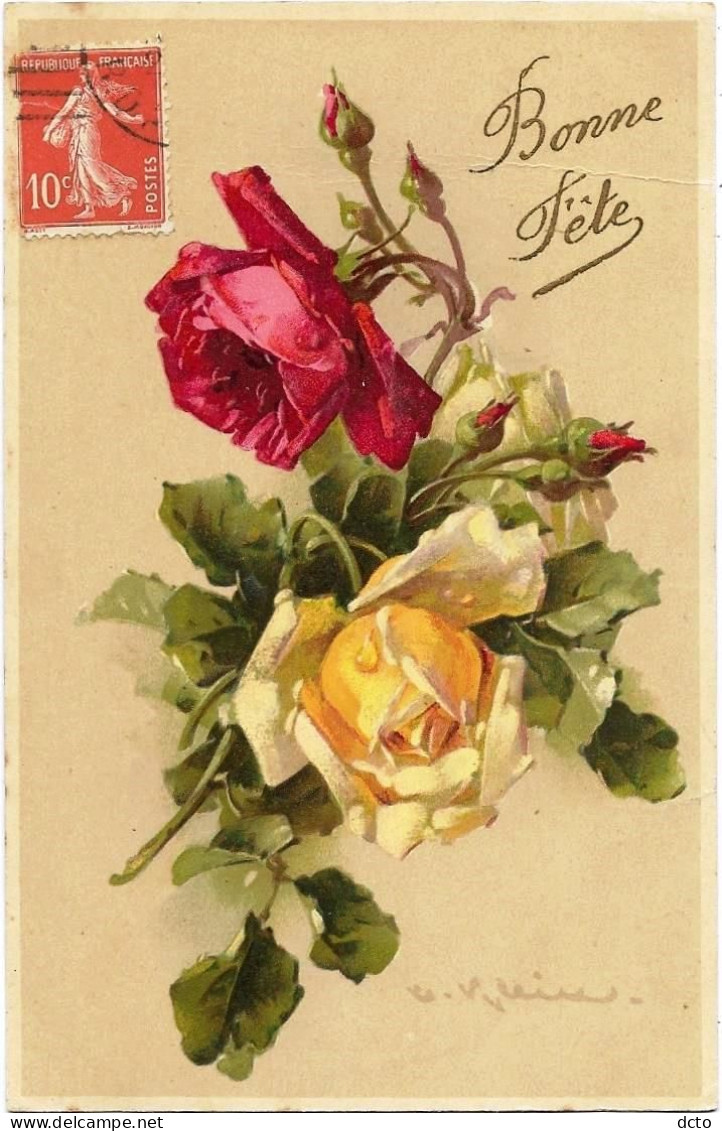 2 CPA   Roses Fantaisie Bonne Fête Signée Klein & Bonne Fête Fillette Attachant Un Rosier Au  Tuteur Gaufrée - Fleurs