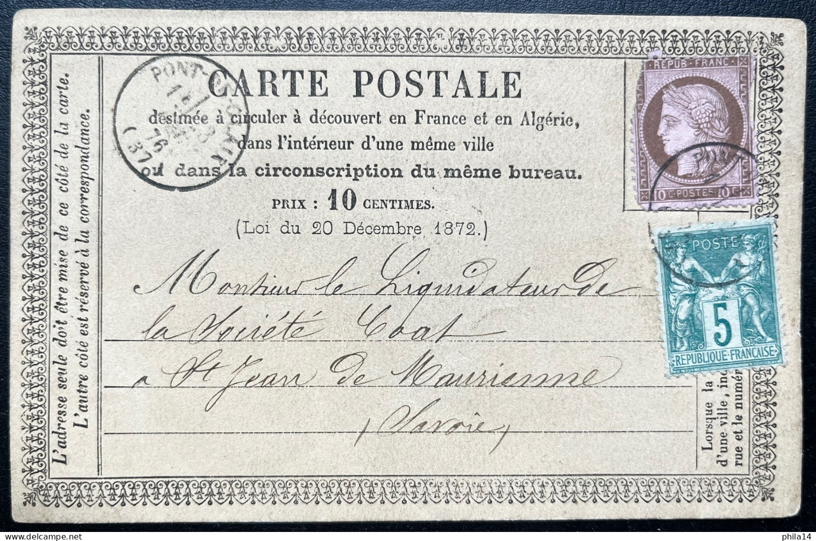 N°54 10c BRUN SUR ROSE (déf) CERES SUR CARTE POSTALE / PONT DE CLAIX ISERE / 23 DEC 1876 POUR ST JEAN DE MAURIENNE / LAC - 1871-1875 Ceres