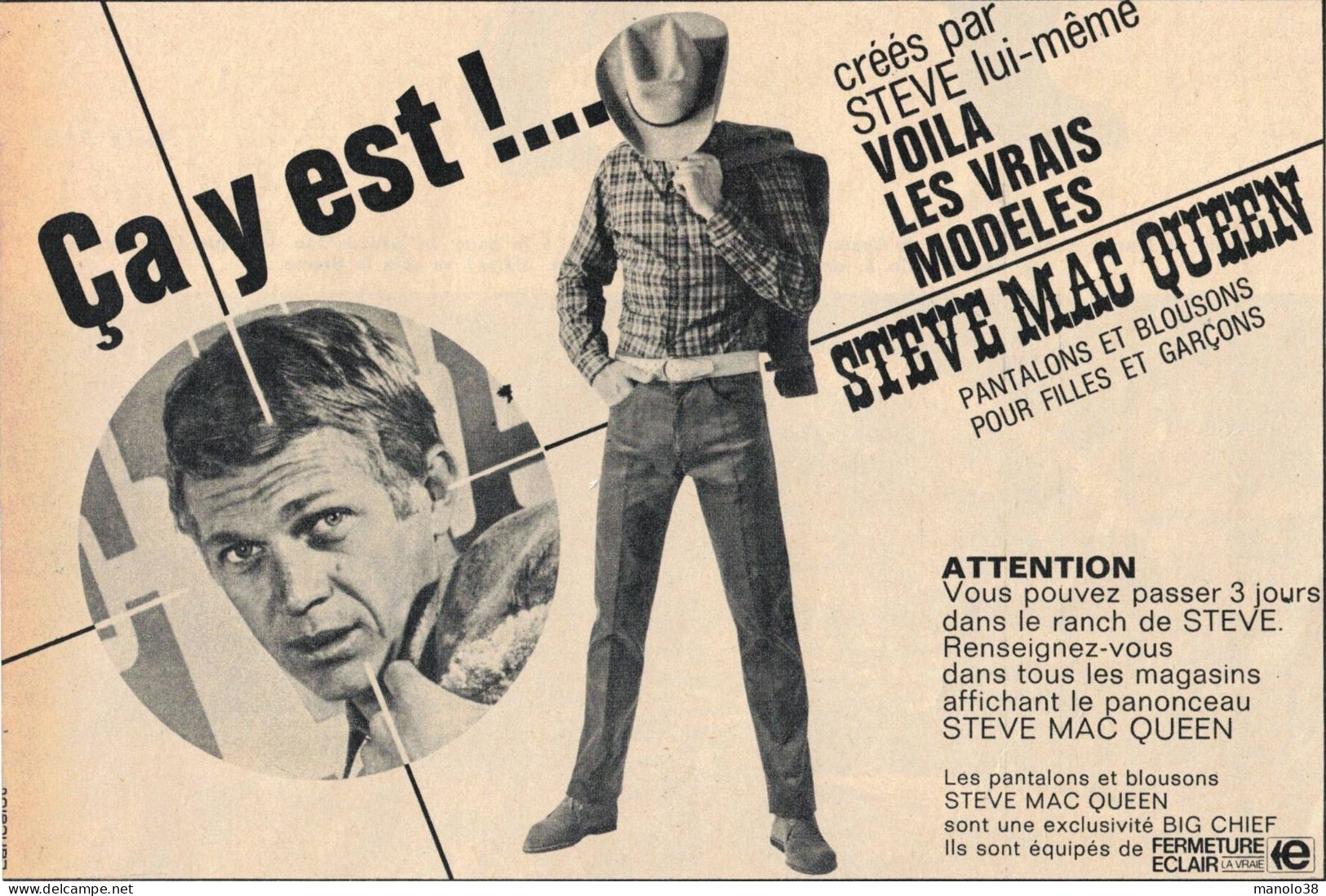 Steve Mac Queen Propose Pantalons Et Blousons Pour Filles Et Garçons Créés Par Steve Lui Même. 1965. - Advertising