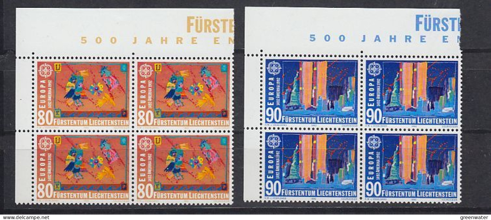 Europa Cept 1992 Liechtenstein 2v Bl Of 4 (corner) ** Mnh (59609A) - 1992