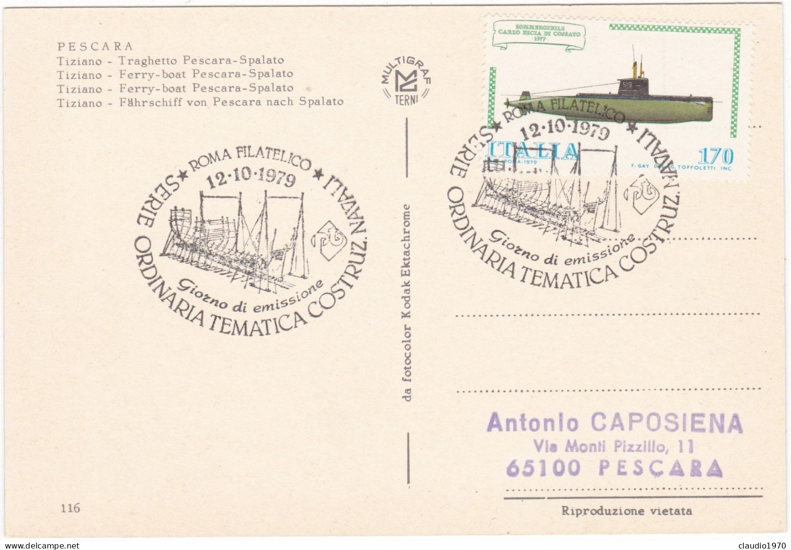 PESCARA - CARTOLINA - TIZIANO - TRGHETTO PESCARA - SPALATO - ANNULLO DI ROMA -1979 - Pescara