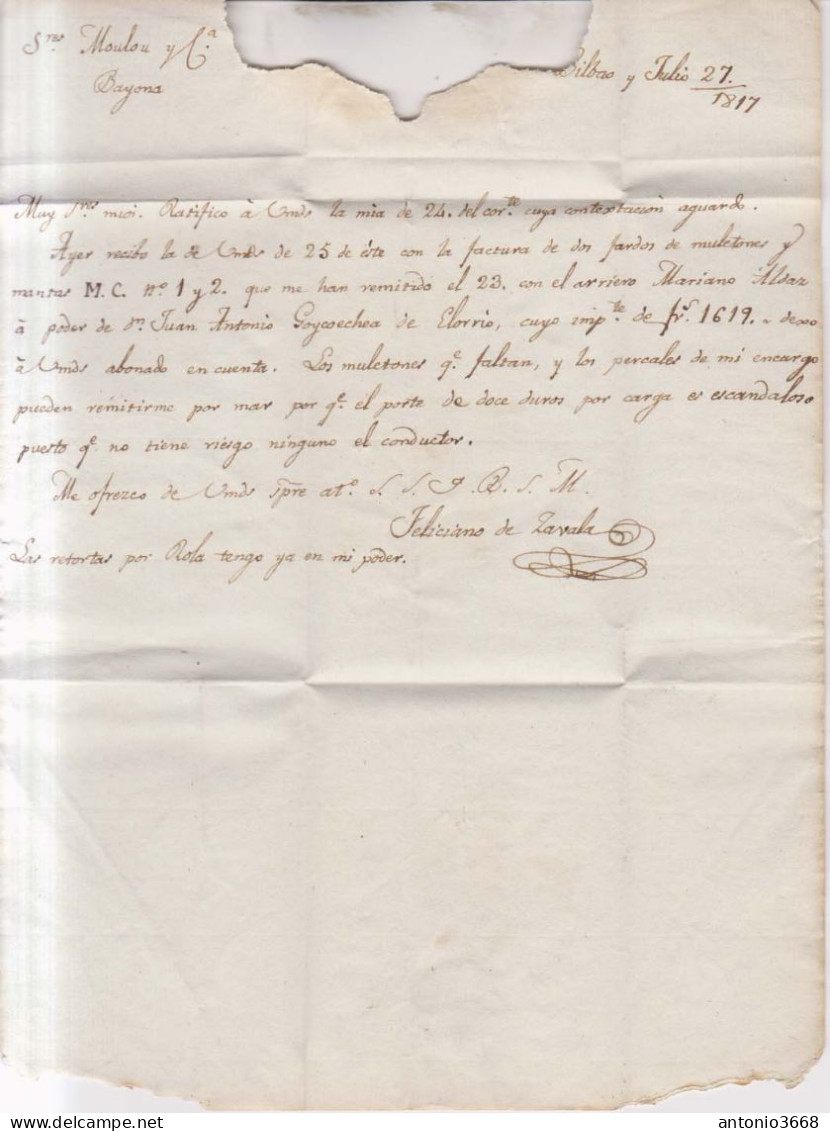 Año 1817 Prefilatelia Carta A Francia Marcas Bº Vizcaya Espagne Par Bayonne  Reverso B Franco Feliciano Zabala - ...-1850 Préphilatélie