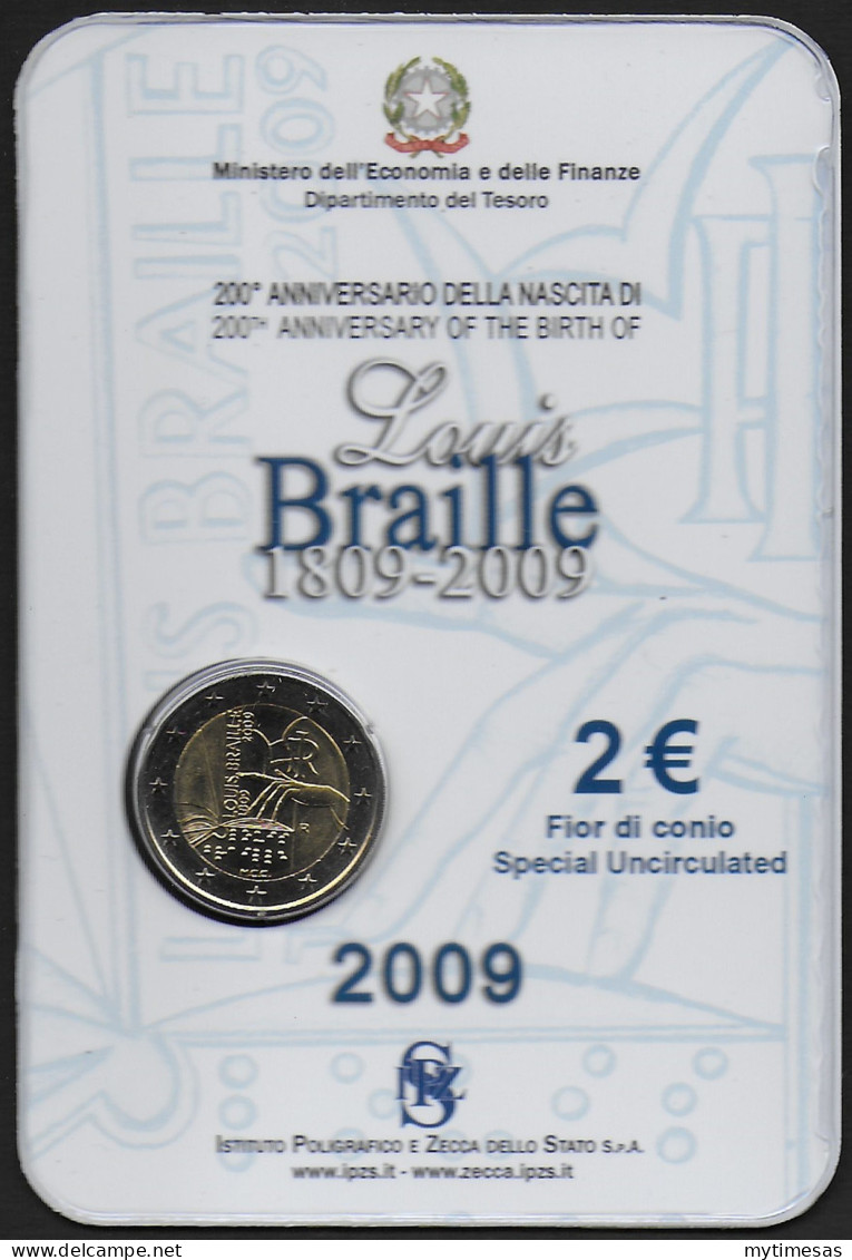 2009 Italia Euro 2,00 Louis Braille FDC-BU - Italia
