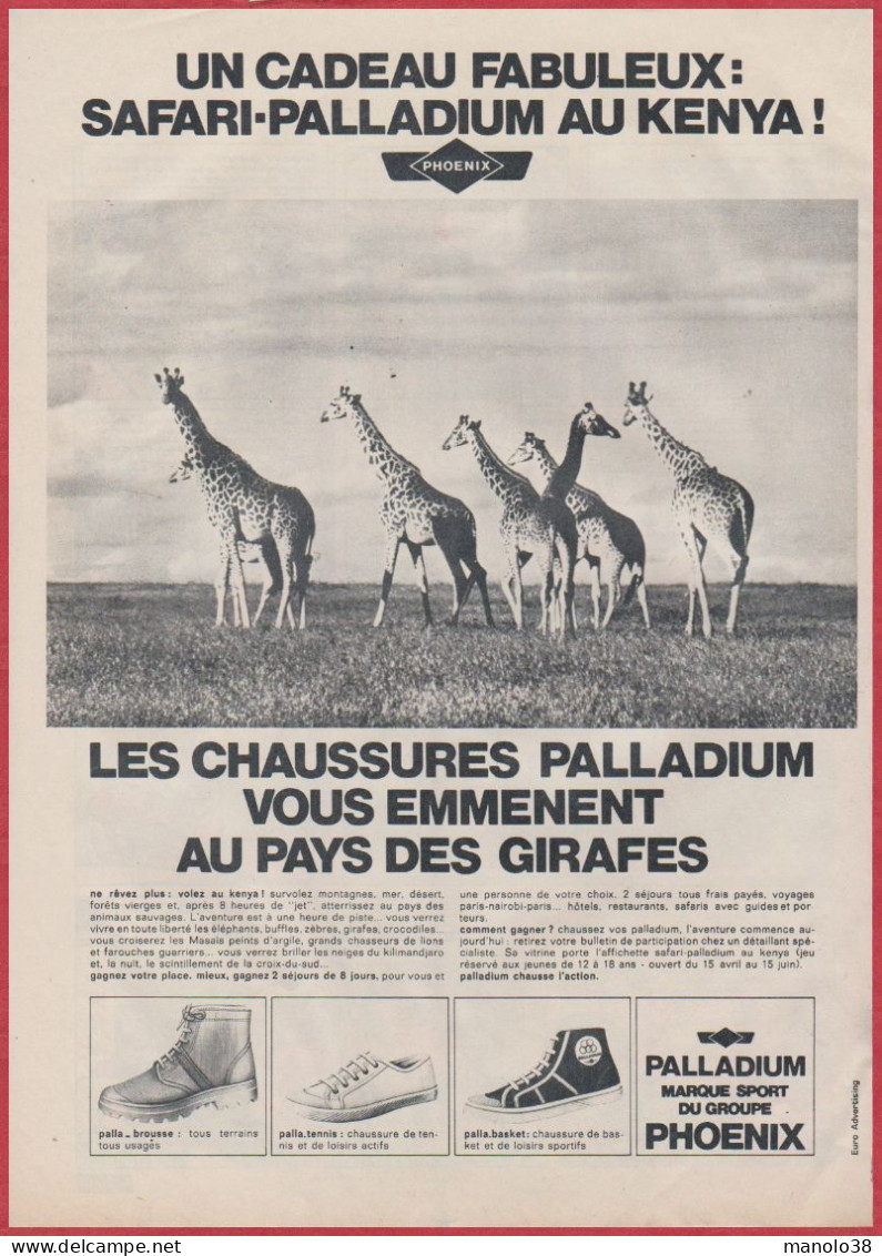 Chaussure Palladium. Jeu Concours: Un Safari Au Kenya à Gagner. Visuel Des Girafes. 1971. - Advertising