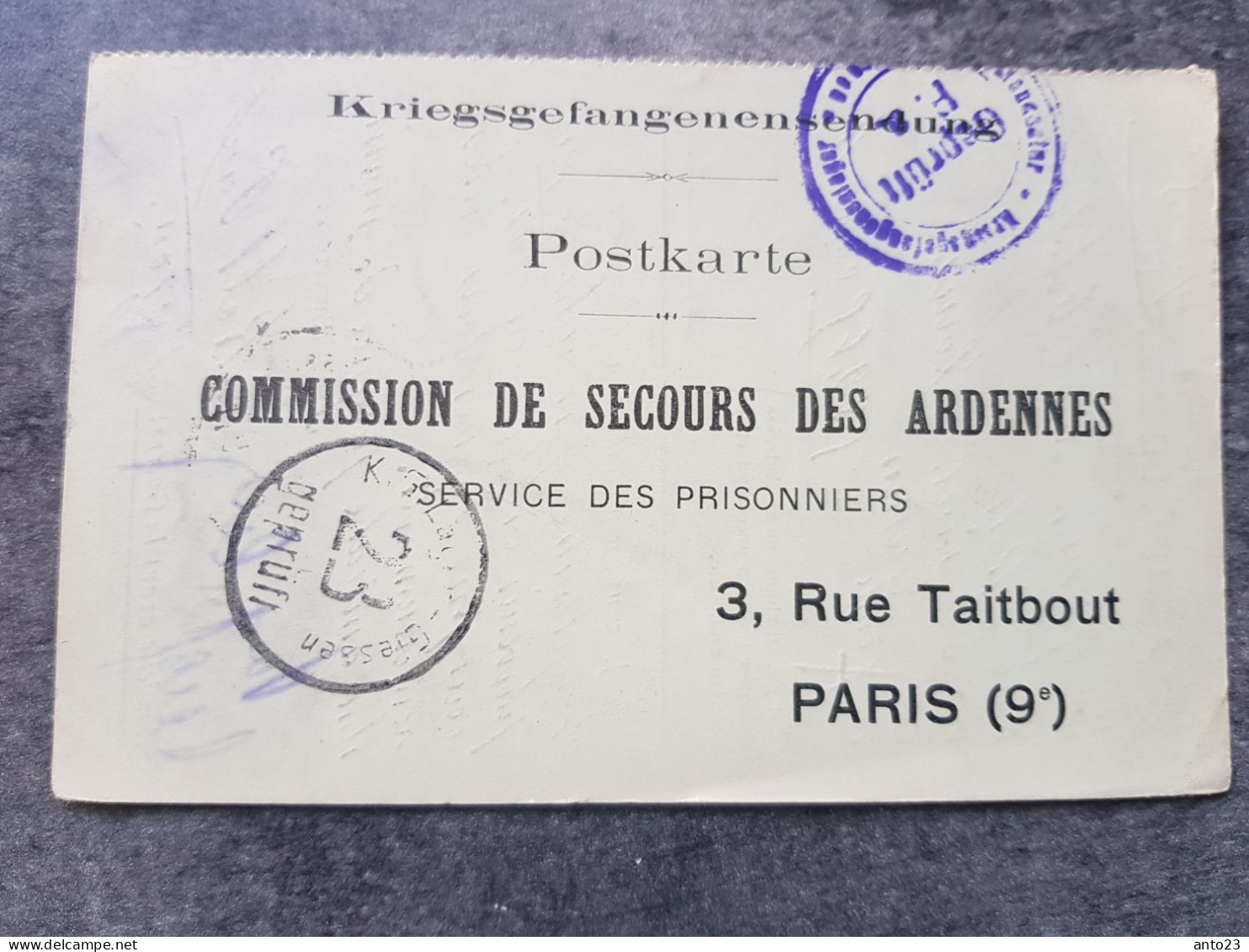 Postkarte Commission De Secours Des Ardennes - Service Des Prisonniers 1917 - - 1914-18