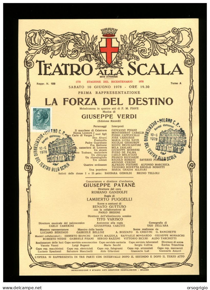 ITALIA - MILANO - TEATRO ALLA SCALA - Stagione 1978 Del BICENTENARIO - LA FORZA DEL DESTINO - Theater