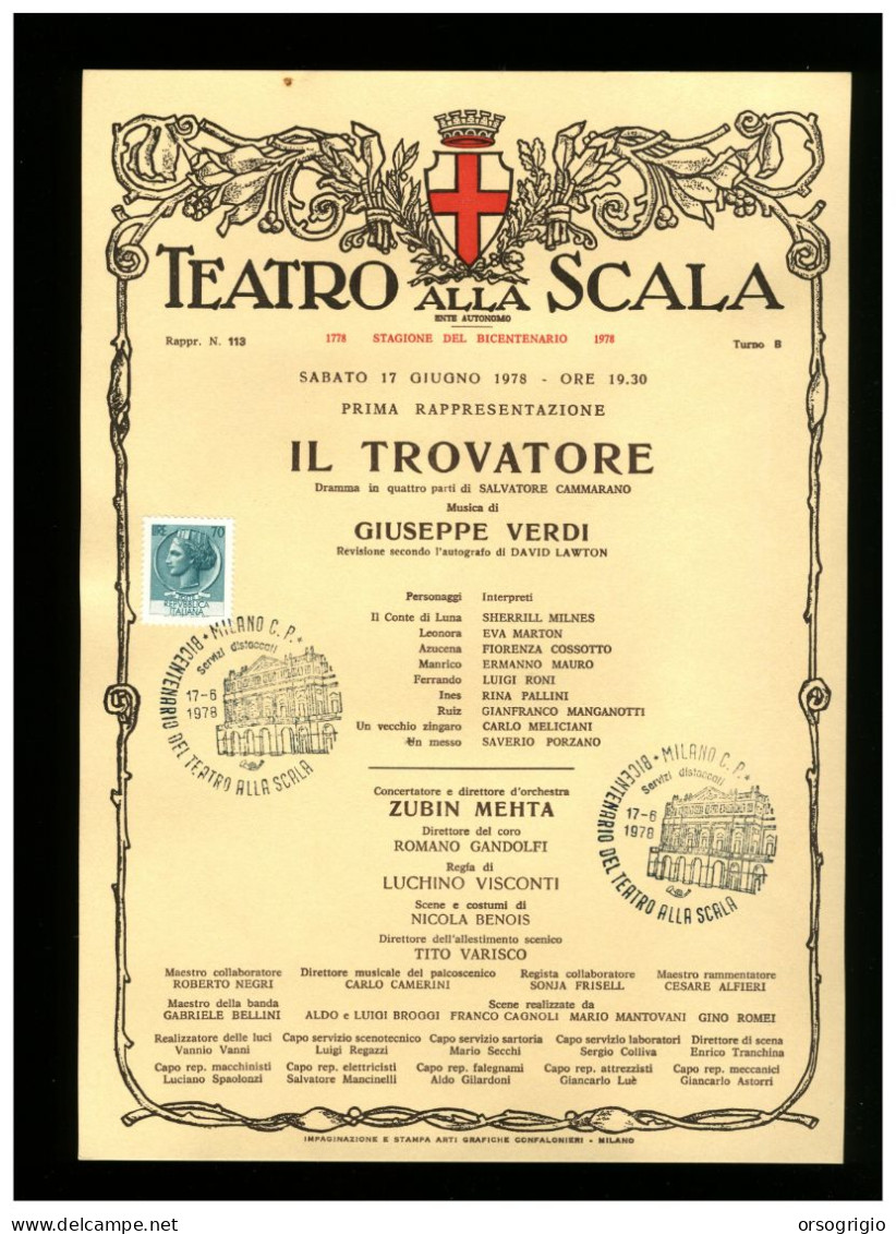ITALIA - MILANO - TEATRO ALLA SCALA - Stagione 1978 Del BICENTENARIO - IL TROVATORE - Teatro