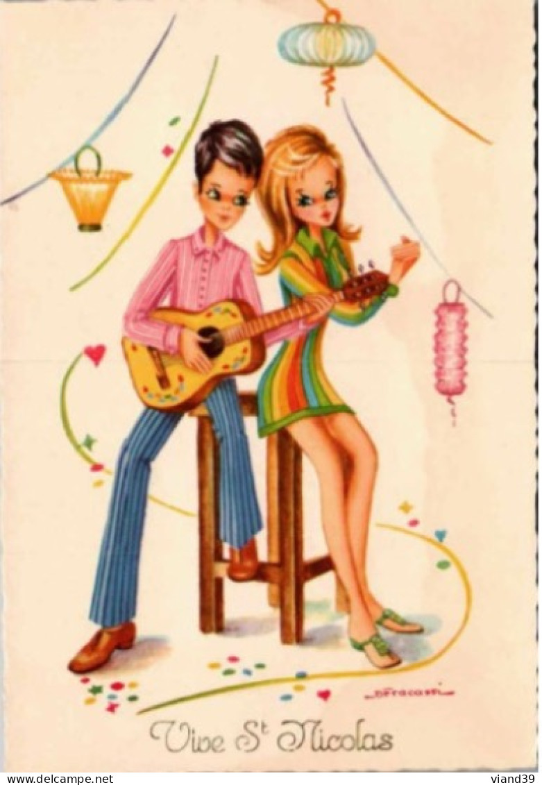 VIVE St NICOLAS.  - Couple Avec Le Garçon Jouant De La Guitare . Illustrateur Fracassi - Saint-Nicolas