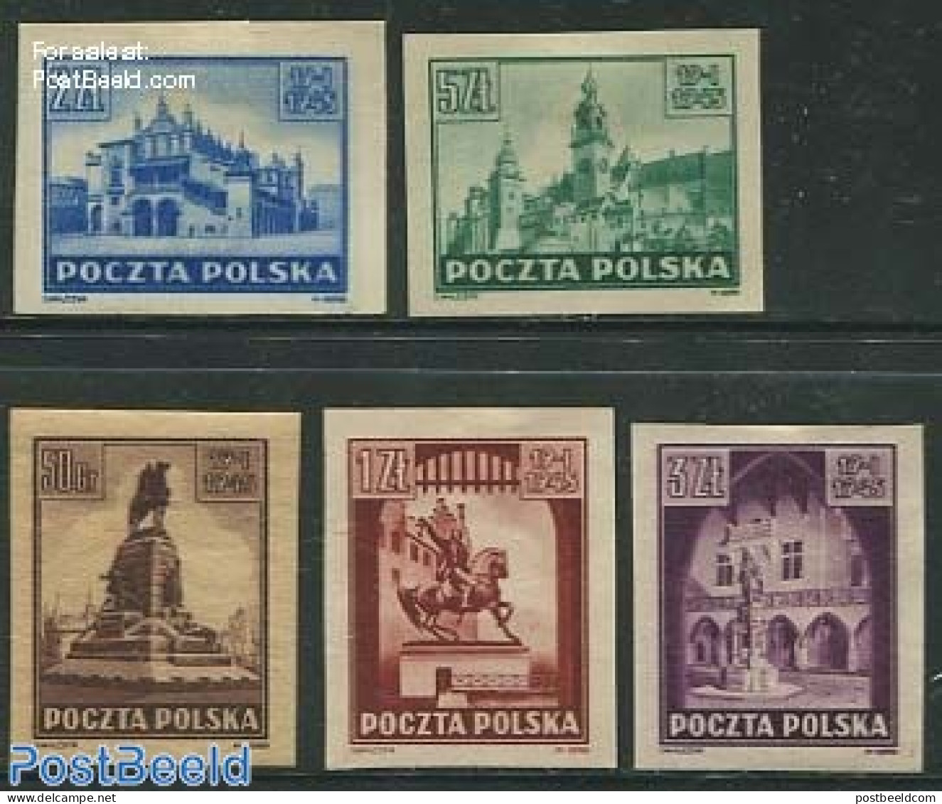 Poland 1945 Definitives 5v, Imperforated, Mint NH, Nature - Horses - Art - Sculpture - Ungebraucht