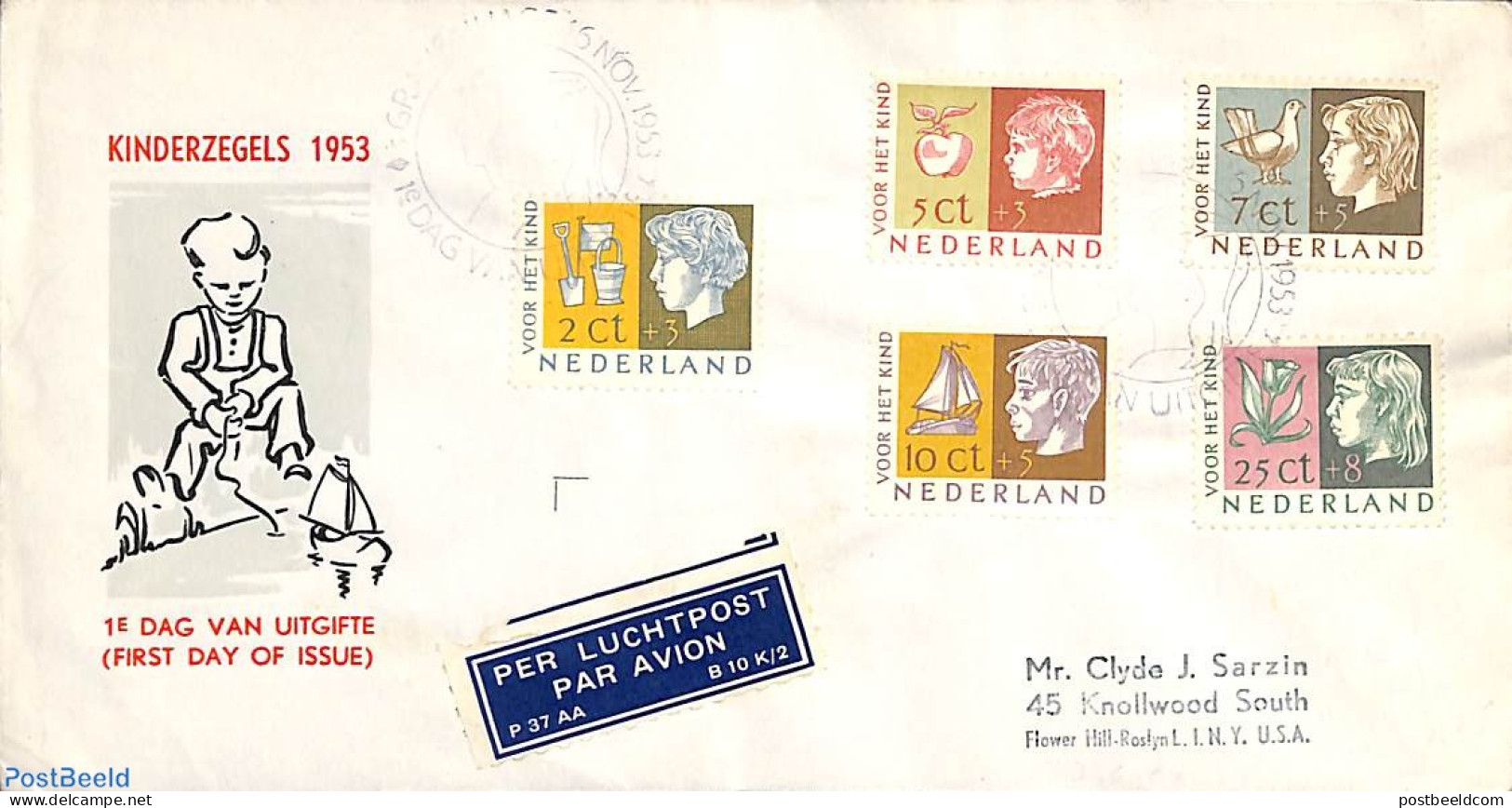 Netherlands 1953 Child Welfare FDC, Closed Flap, Very Light Cancellation, First Day Cover, Nature - Transport - Birds .. - Cartas & Documentos