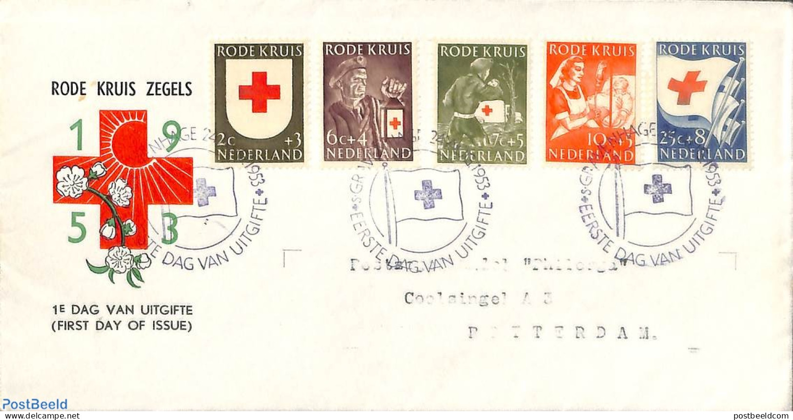 Netherlands 1953 Red Cross FDC, Closed Flap, Typed Address, First Day Cover, Health - Red Cross - Briefe U. Dokumente