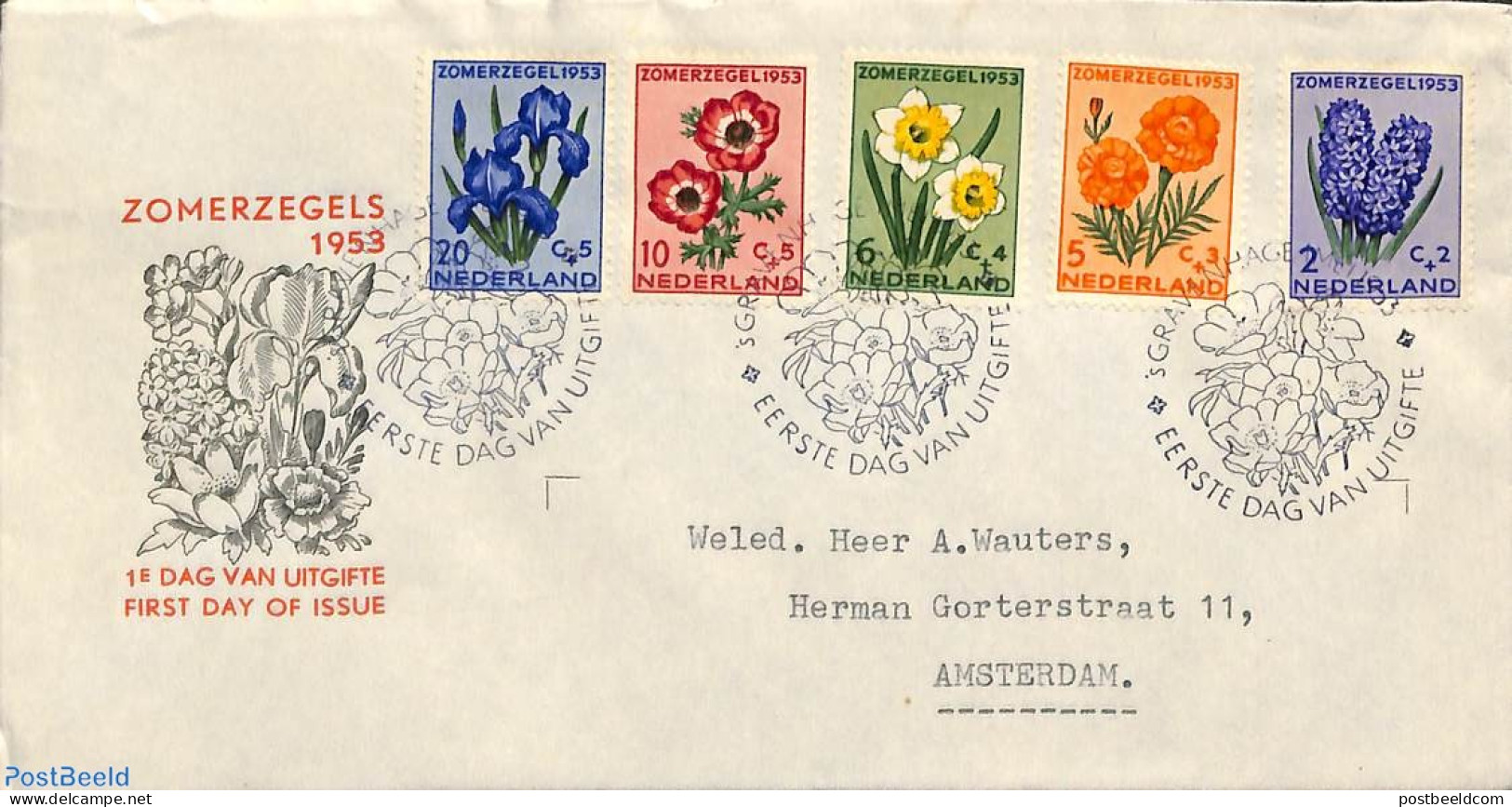 Netherlands 1953 Flowers FDC, Closed Flap, Typed Address, First Day Cover, Nature - Flowers & Plants - Covers & Documents