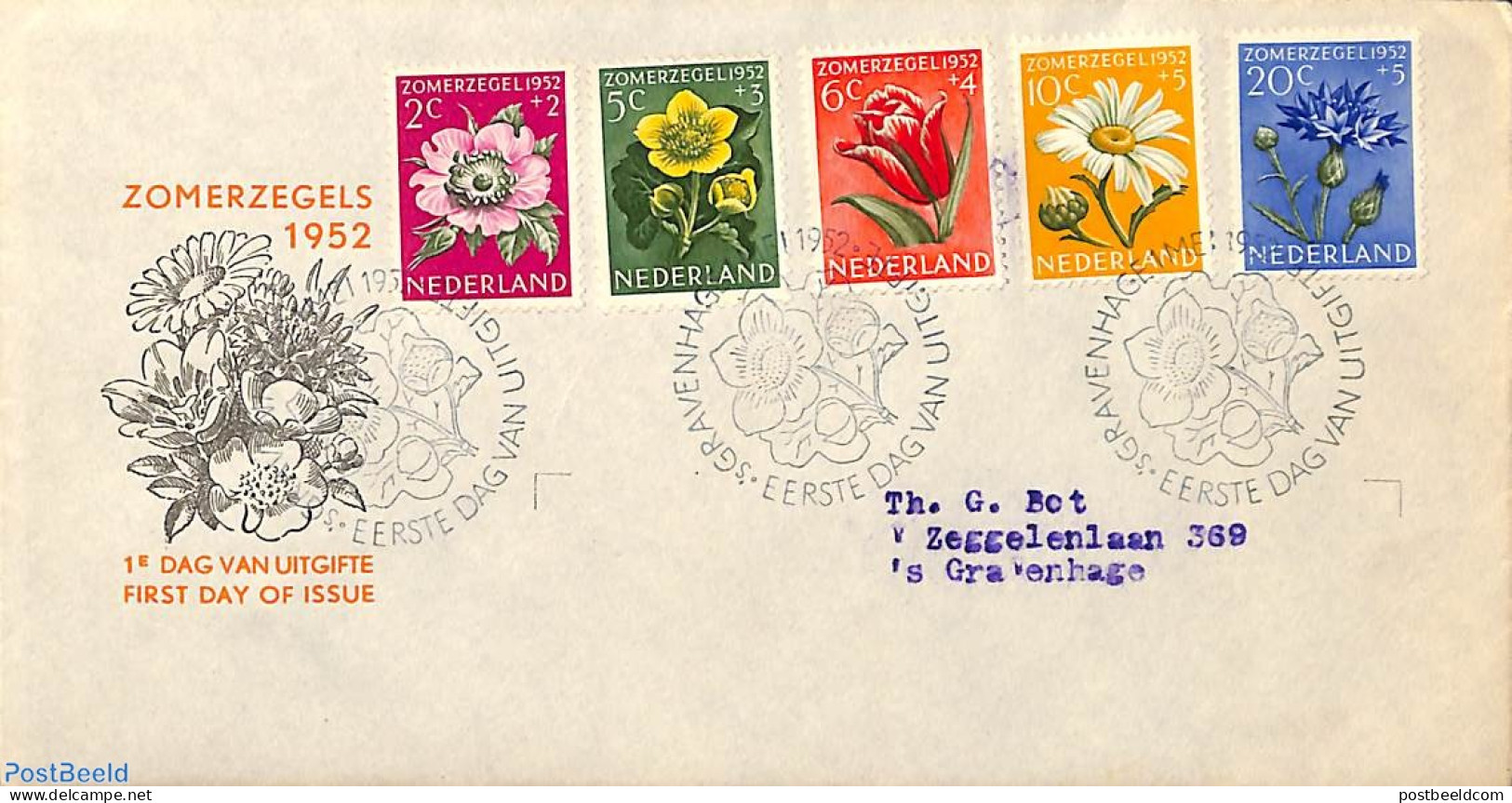 Netherlands 1952 Flowers FDC, Closed Flap, Typed Address, First Day Cover, Nature - Flowers & Plants - Cartas & Documentos